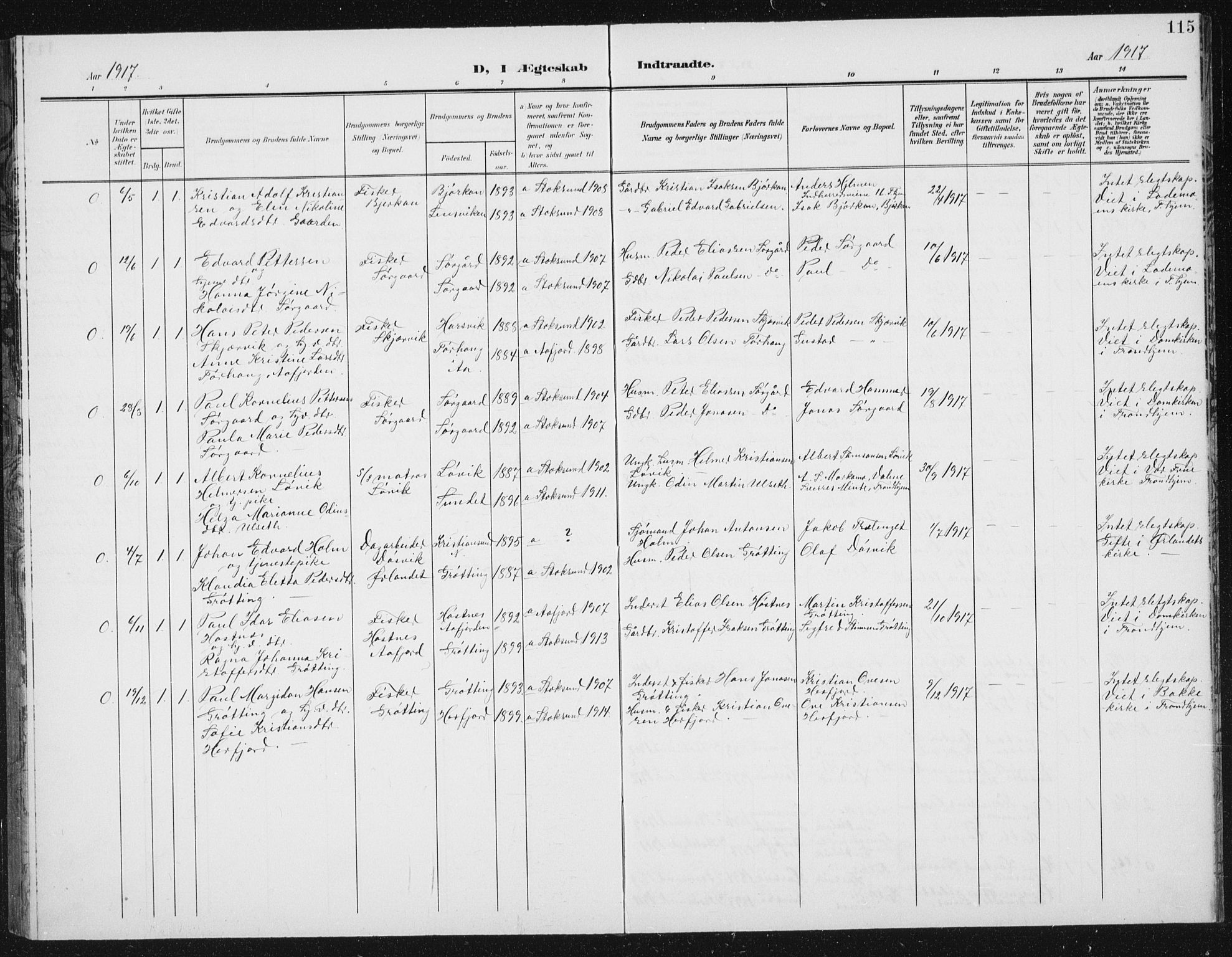 Ministerialprotokoller, klokkerbøker og fødselsregistre - Sør-Trøndelag, SAT/A-1456/656/L0699: Parish register (copy) no. 656C05, 1905-1920, p. 115