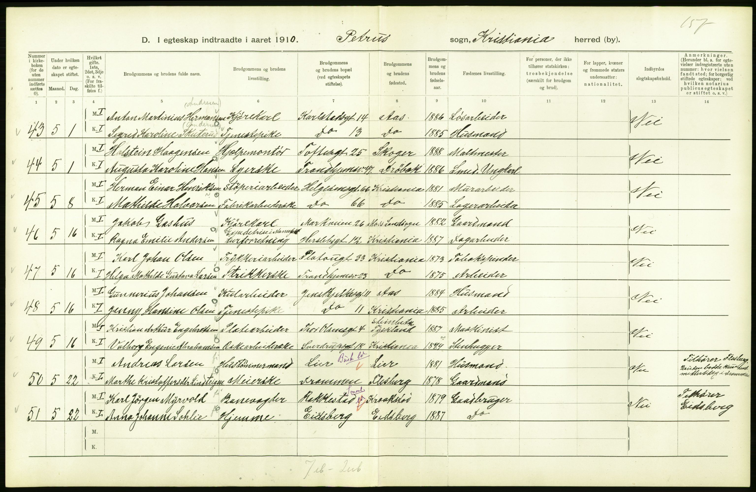 Statistisk sentralbyrå, Sosiodemografiske emner, Befolkning, AV/RA-S-2228/D/Df/Dfa/Dfah/L0009: Kristiania: Gifte og dødfødte., 1910, p. 230