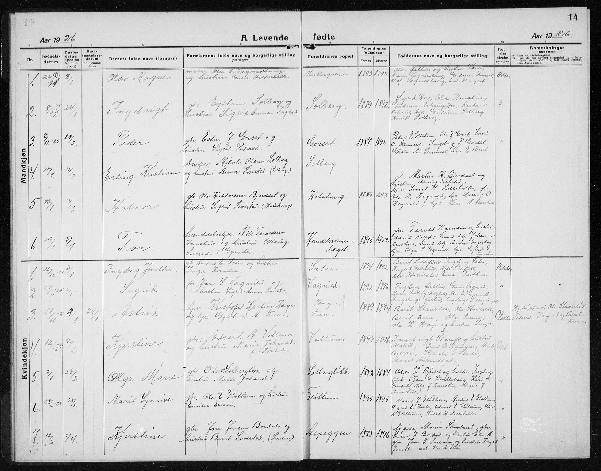 Ministerialprotokoller, klokkerbøker og fødselsregistre - Sør-Trøndelag, SAT/A-1456/689/L1045: Parish register (copy) no. 689C04, 1923-1940, p. 14
