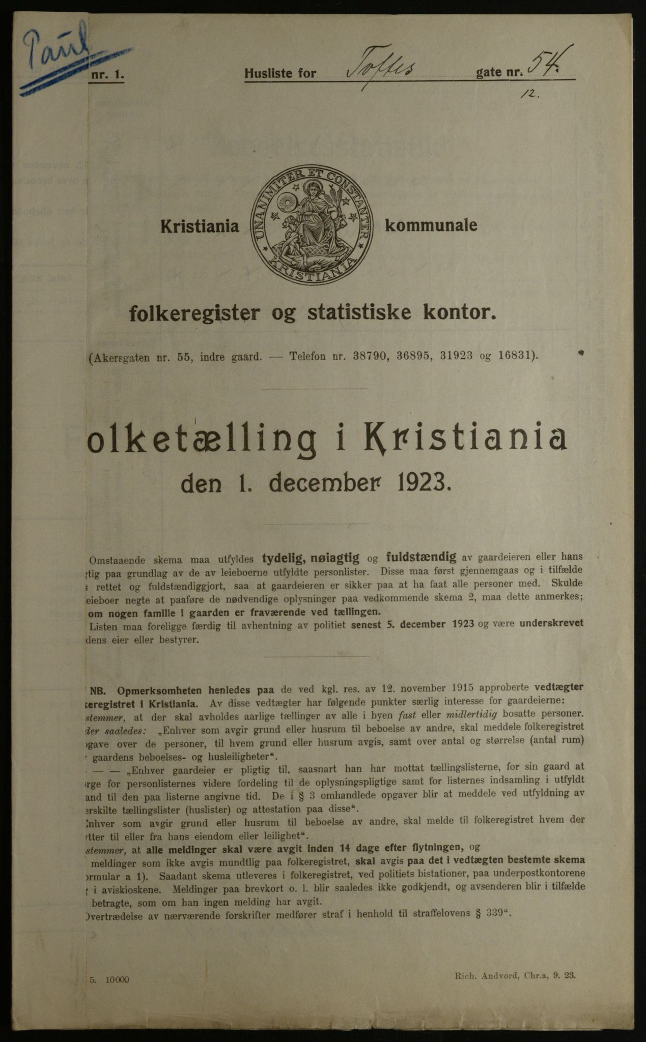 OBA, Municipal Census 1923 for Kristiania, 1923, p. 124541