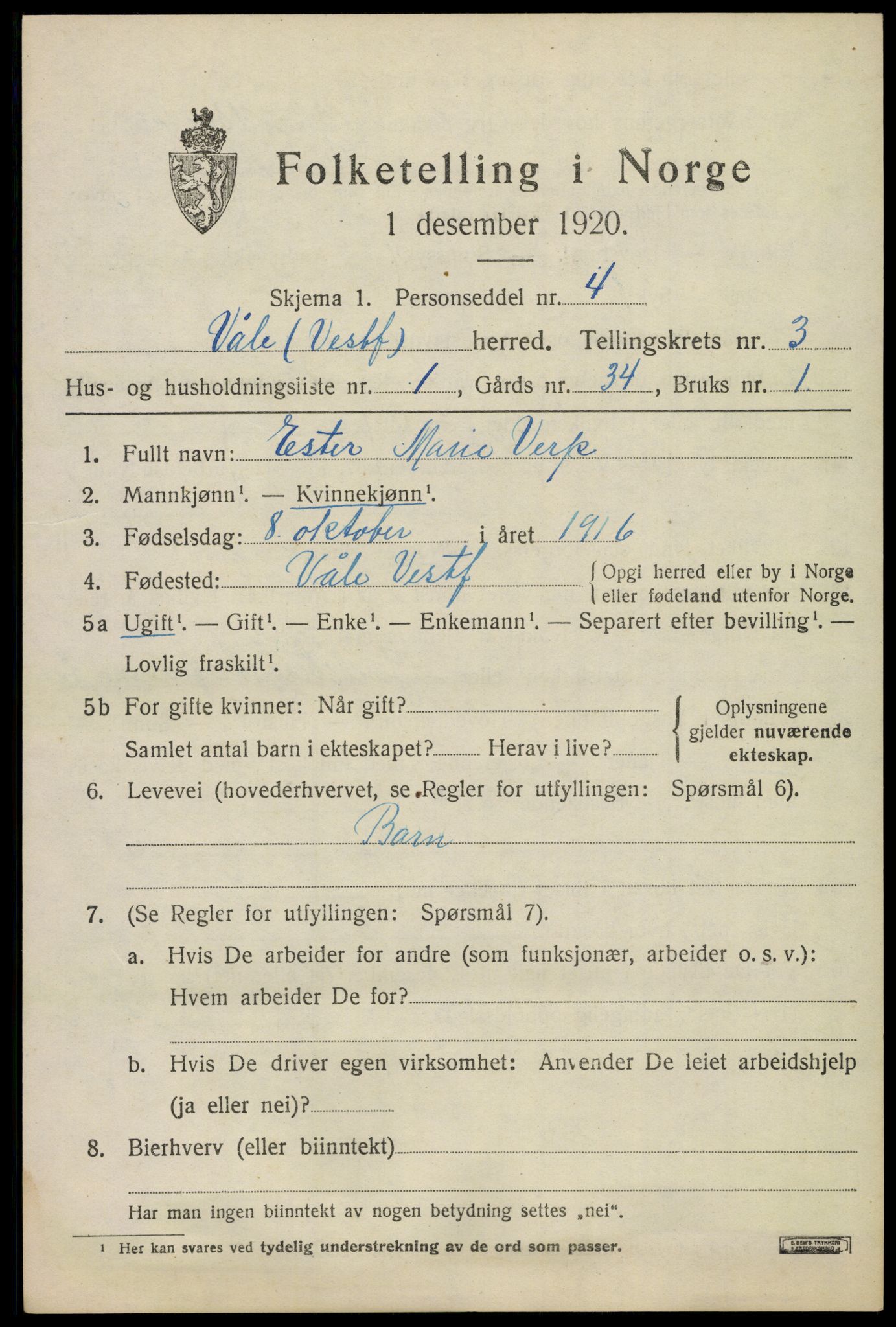 SAKO, 1920 census for Våle, 1920, p. 2300