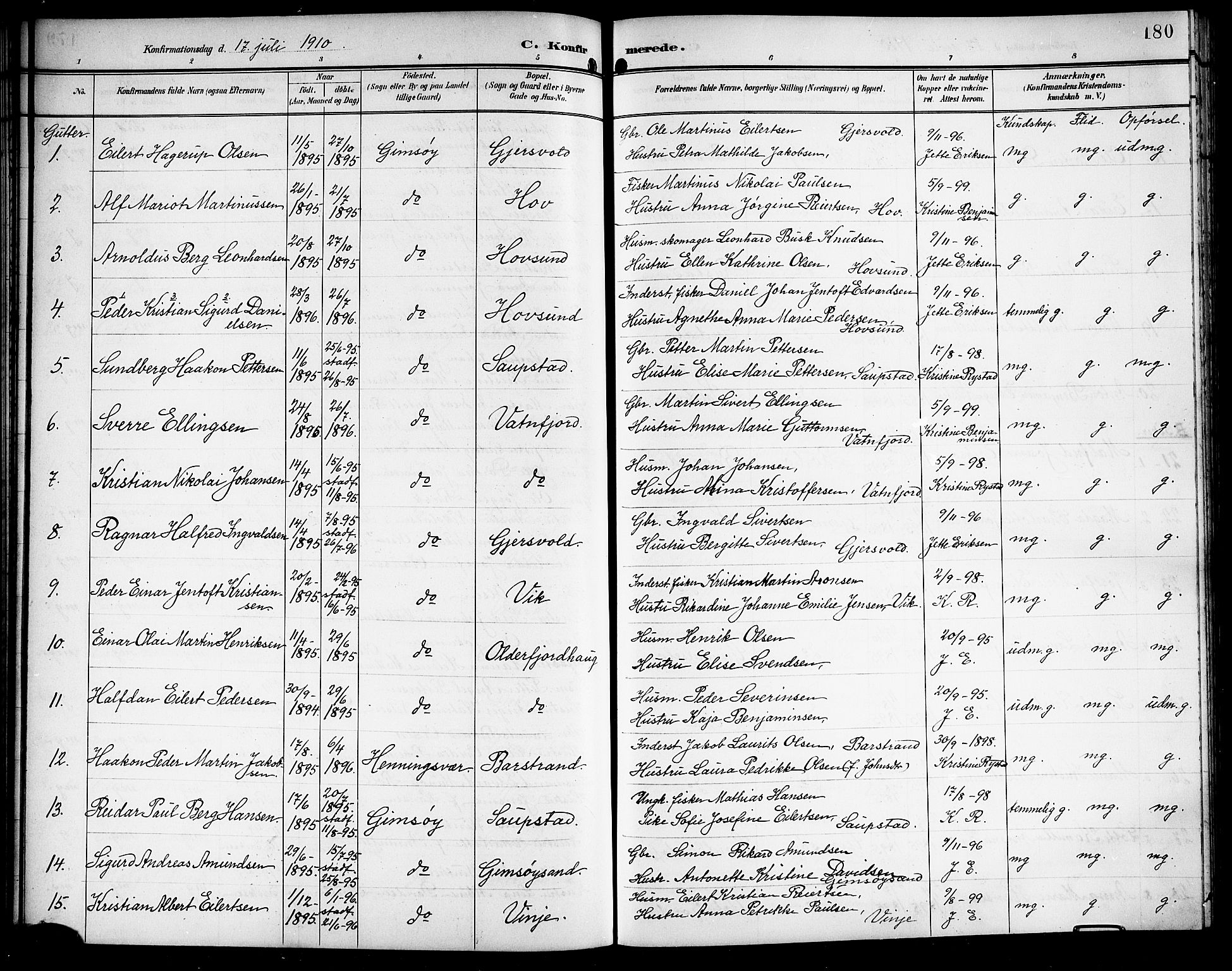 Ministerialprotokoller, klokkerbøker og fødselsregistre - Nordland, AV/SAT-A-1459/876/L1105: Parish register (copy) no. 876C04, 1896-1914, p. 180