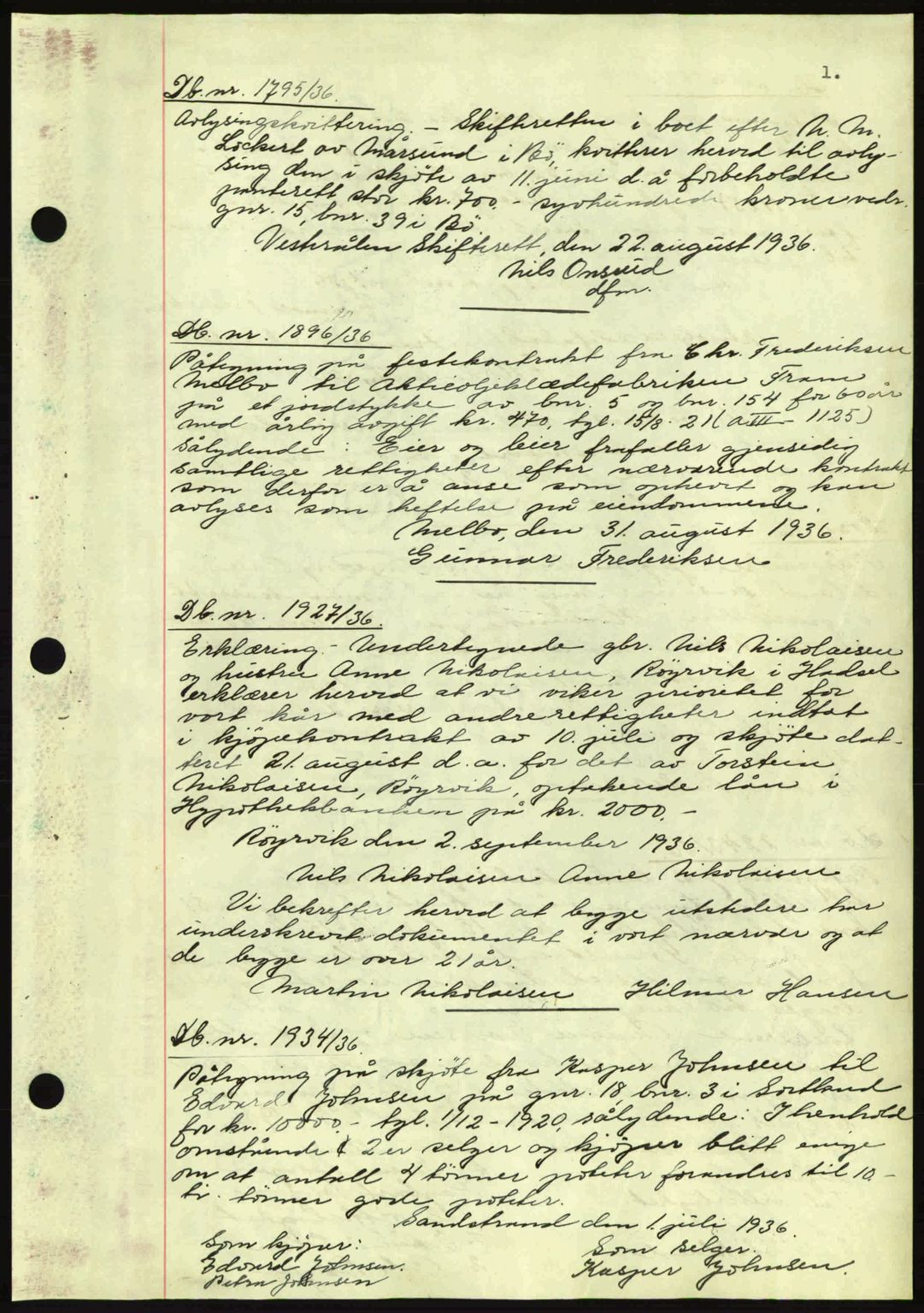 Vesterålen sorenskriveri, SAT/A-4180/1/2/2Ca: Mortgage book no. A2, 1936-1937, Diary no: : 1795/1936