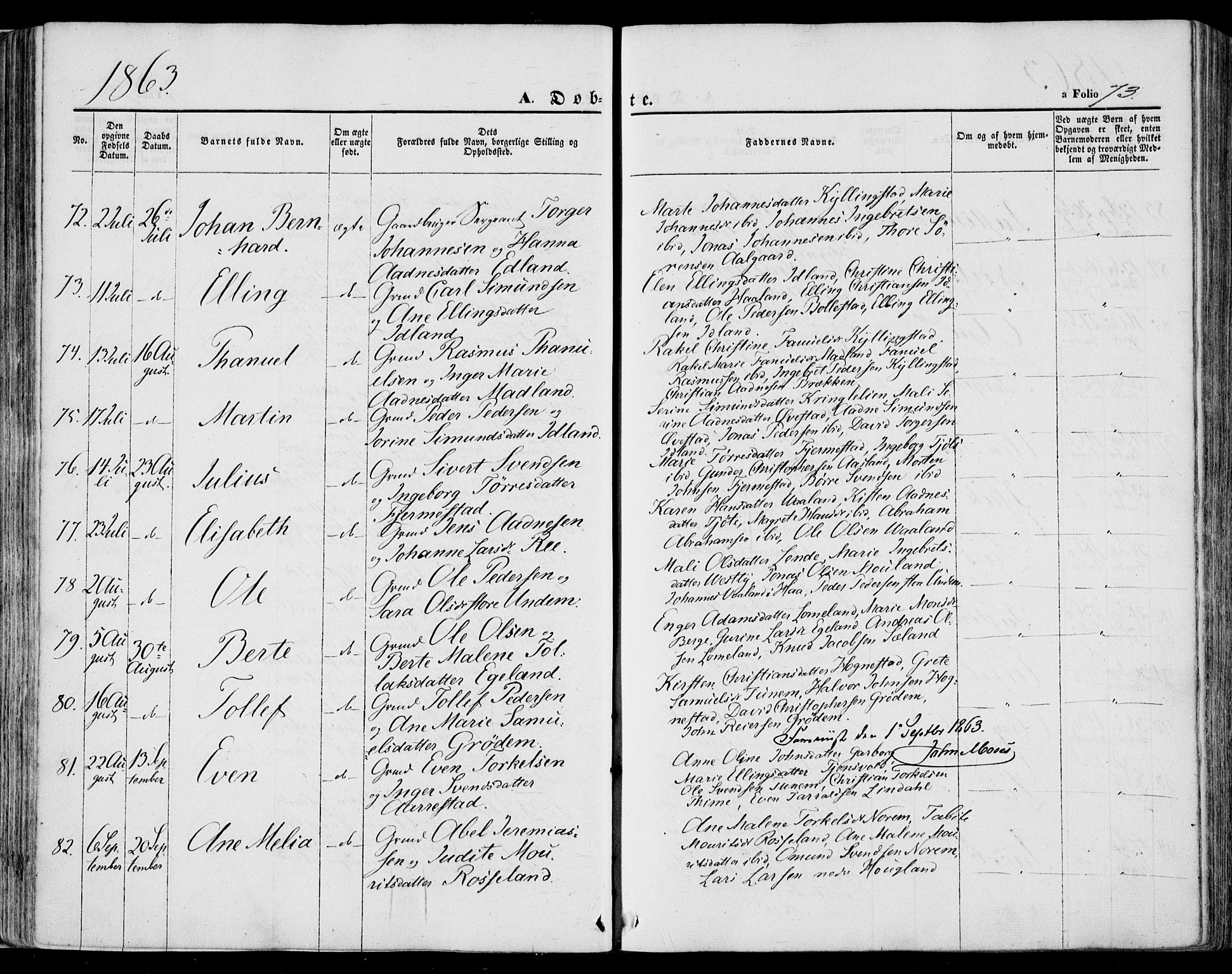 Lye sokneprestkontor, AV/SAST-A-101794/001/30BA/L0007: Parish register (official) no. A 6, 1856-1871, p. 73