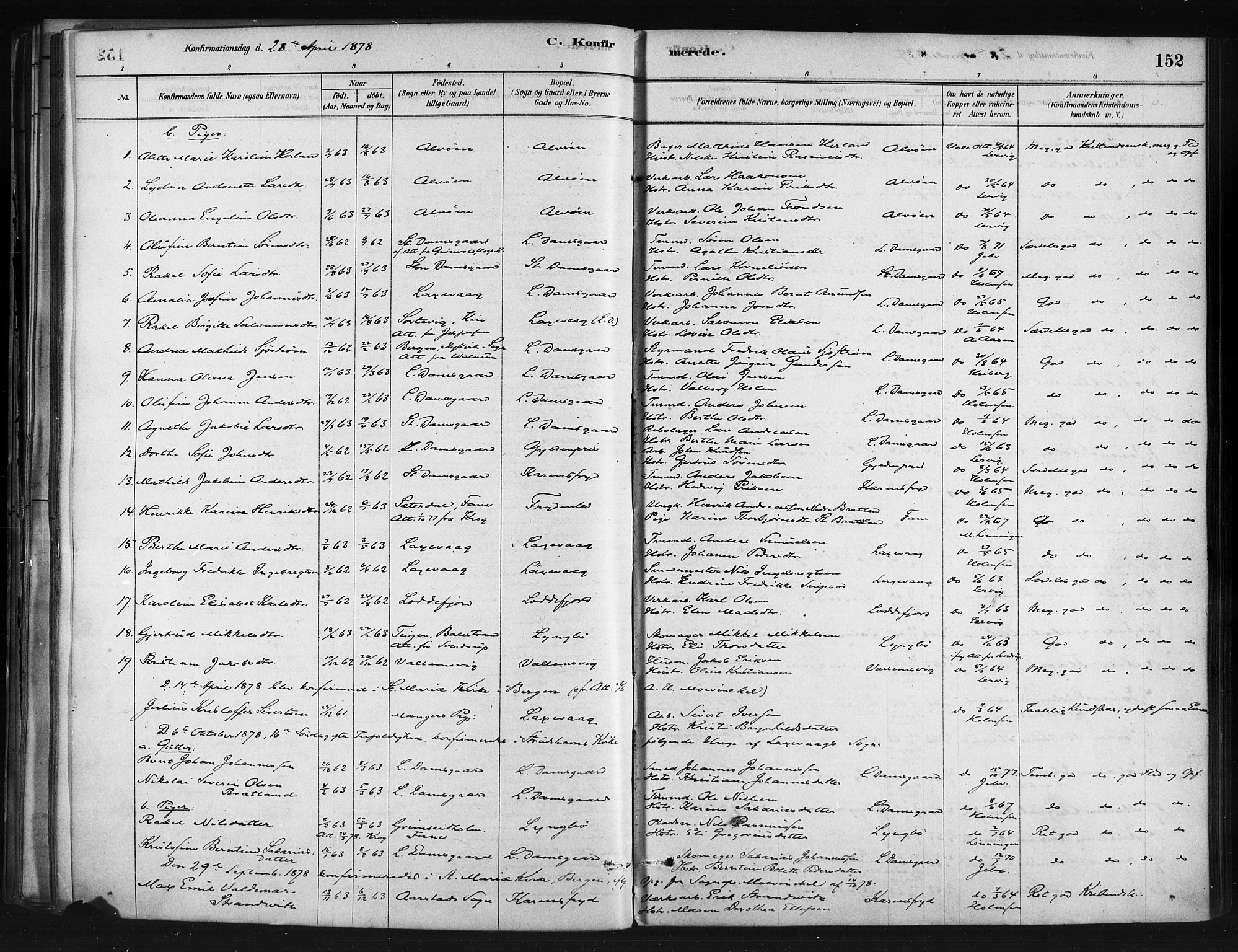 Askøy Sokneprestembete, AV/SAB-A-74101/H/Ha/Haa/Haae/L0002: Parish register (official) no. E 2, 1878-1891, p. 152