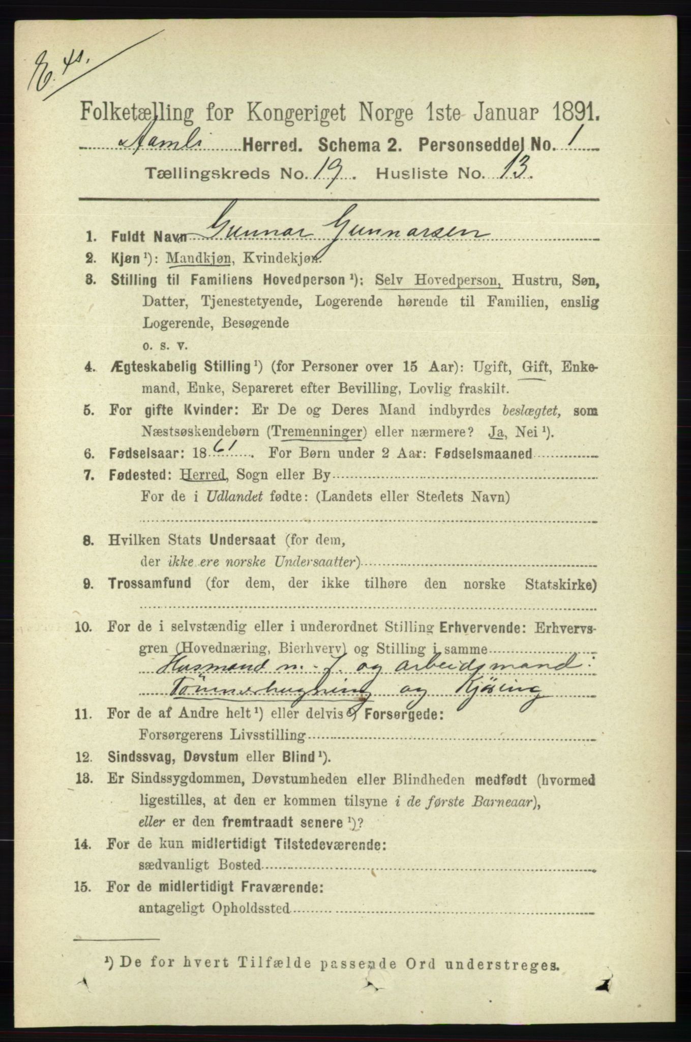 RA, Census 1891 for Nedenes amt: Gjenparter av personsedler for beslektede ektefeller, menn, 1891, p. 392