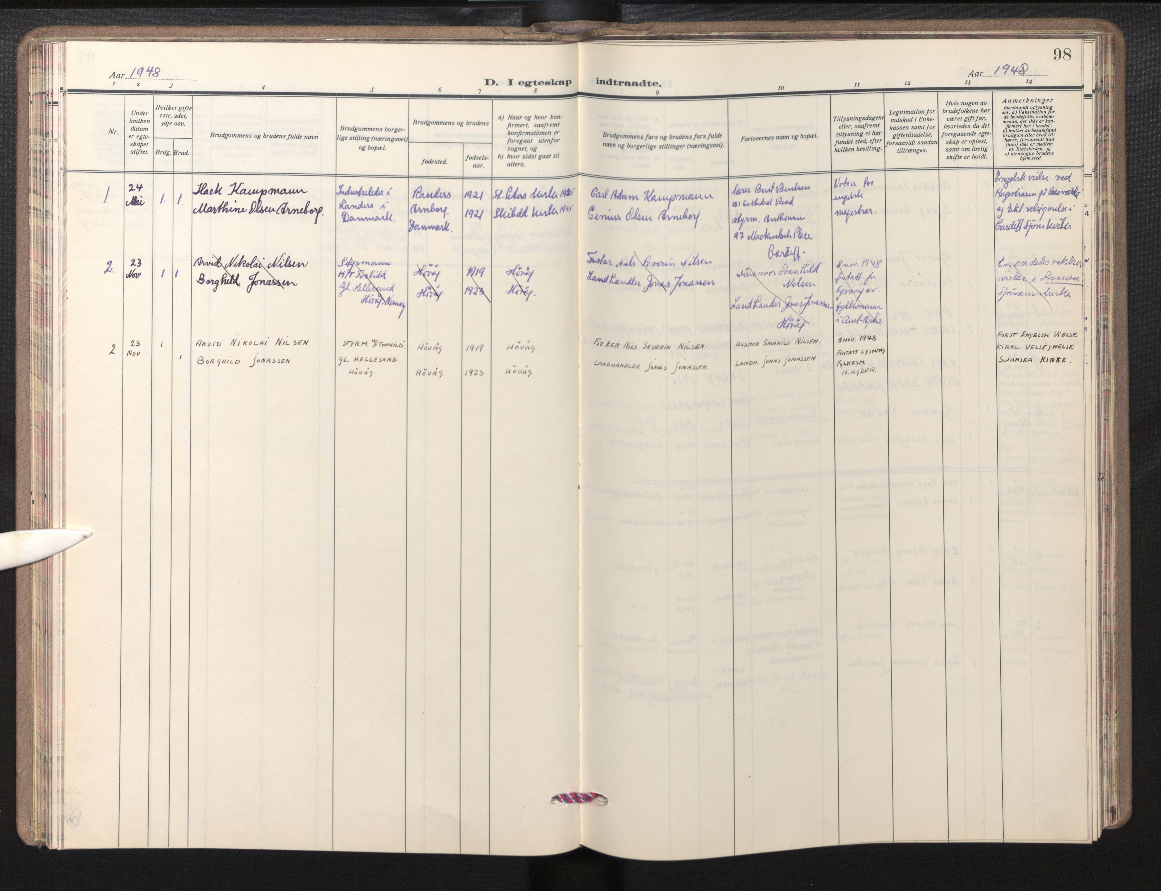 Den norske sjømannsmisjon i utlandet/Bristolhavnene(Cardiff-Swansea), AV/SAB-SAB/PA-0102/H/Ha/Haa/L0003: Parish register (official) no. A 3, 1932-1966, p. 97b-98a