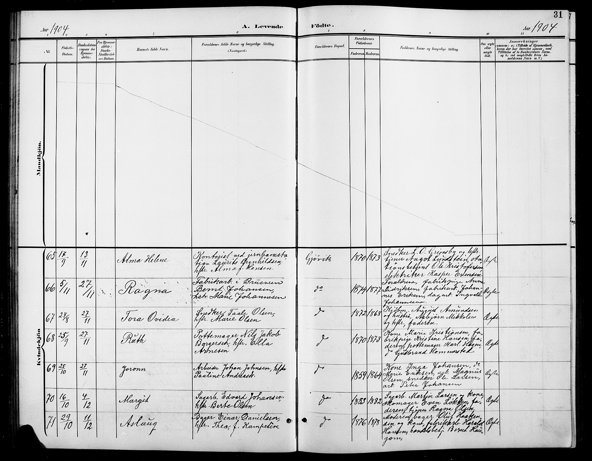 Vardal prestekontor, AV/SAH-PREST-100/H/Ha/Hab/L0012: Parish register (copy) no. 12, 1902-1911, p. 31