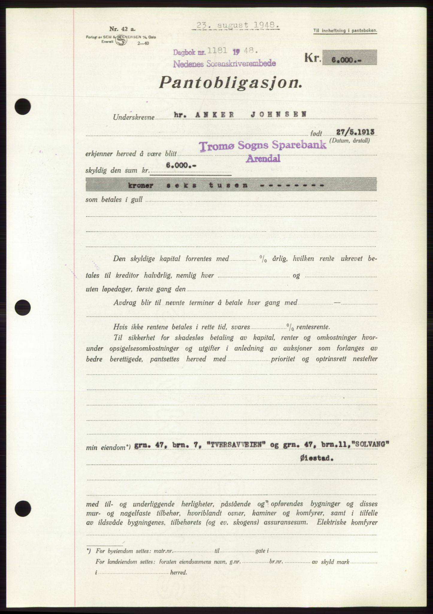 Nedenes sorenskriveri, AV/SAK-1221-0006/G/Gb/Gbb/L0005: Mortgage book no. B5, 1948-1948, Diary no: : 1181/1948