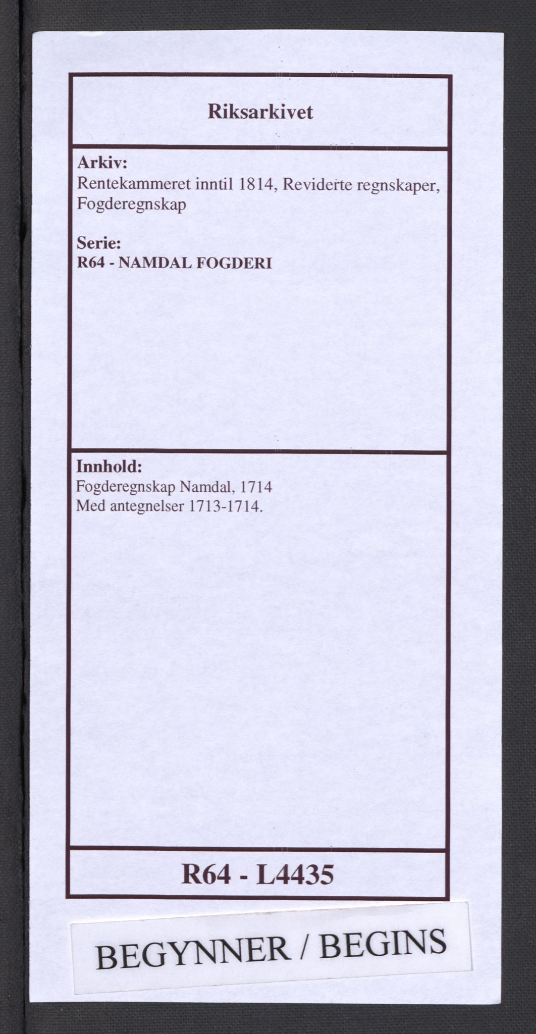 Rentekammeret inntil 1814, Reviderte regnskaper, Fogderegnskap, AV/RA-EA-4092/R64/L4435: Fogderegnskap Namdal, 1714, p. 1