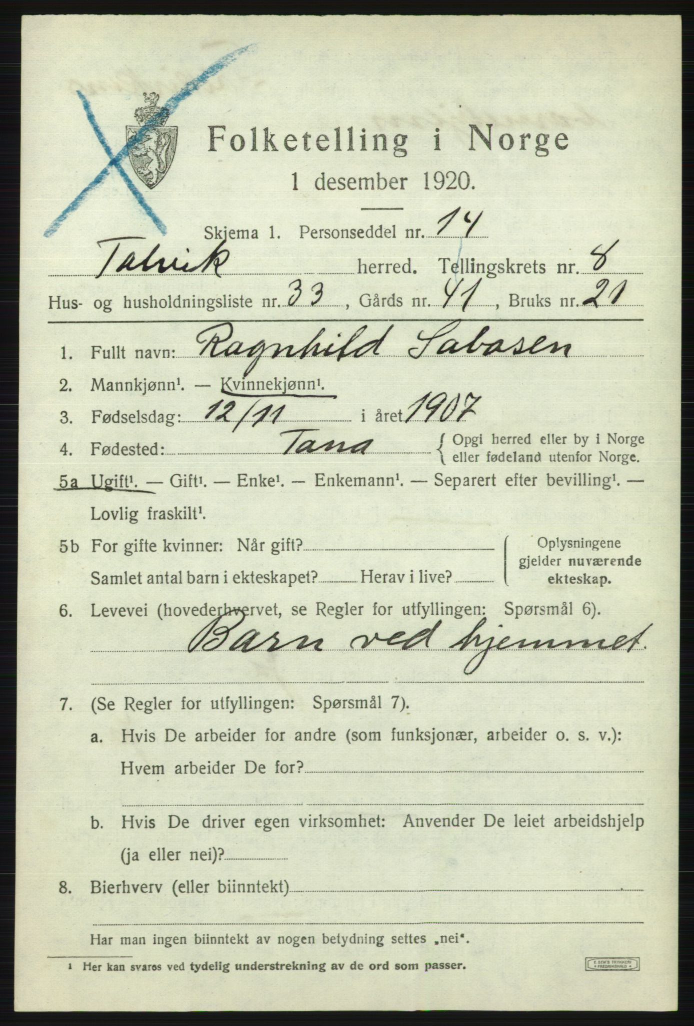 SATØ, 1920 census for Talvik, 1920, p. 5360
