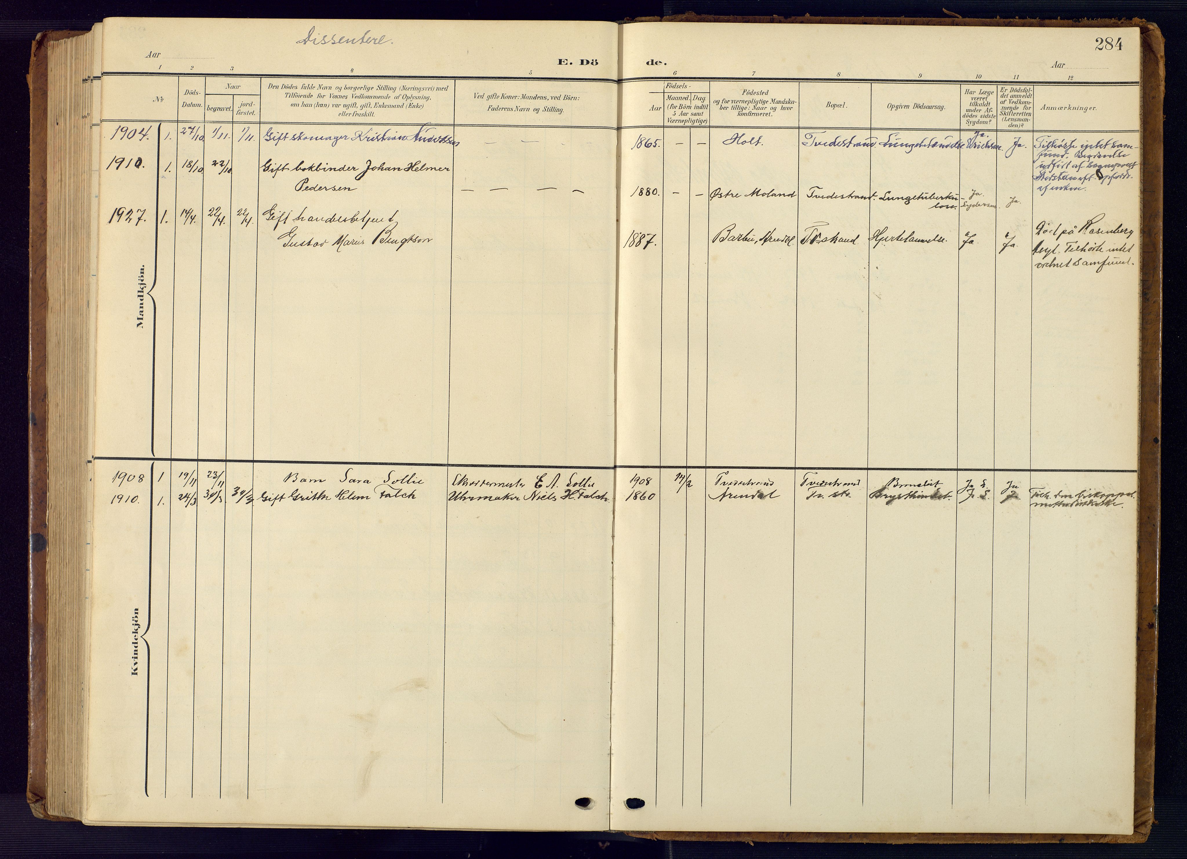 Tvedestrand sokneprestkontor, SAK/1111-0042/F/Fb/L0001: Parish register (copy) no. B 1, 1902-1956, p. 284