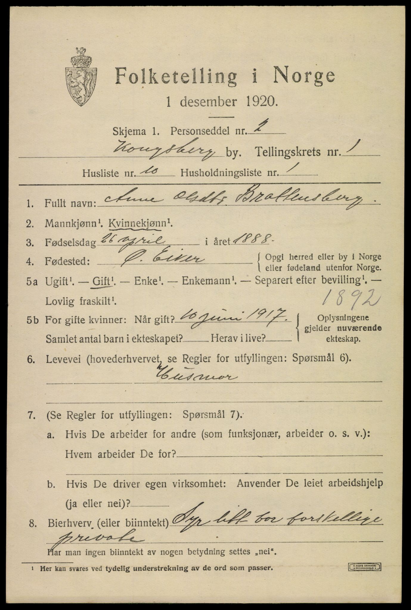 SAKO, 1920 census for Kongsberg, 1920, p. 5822