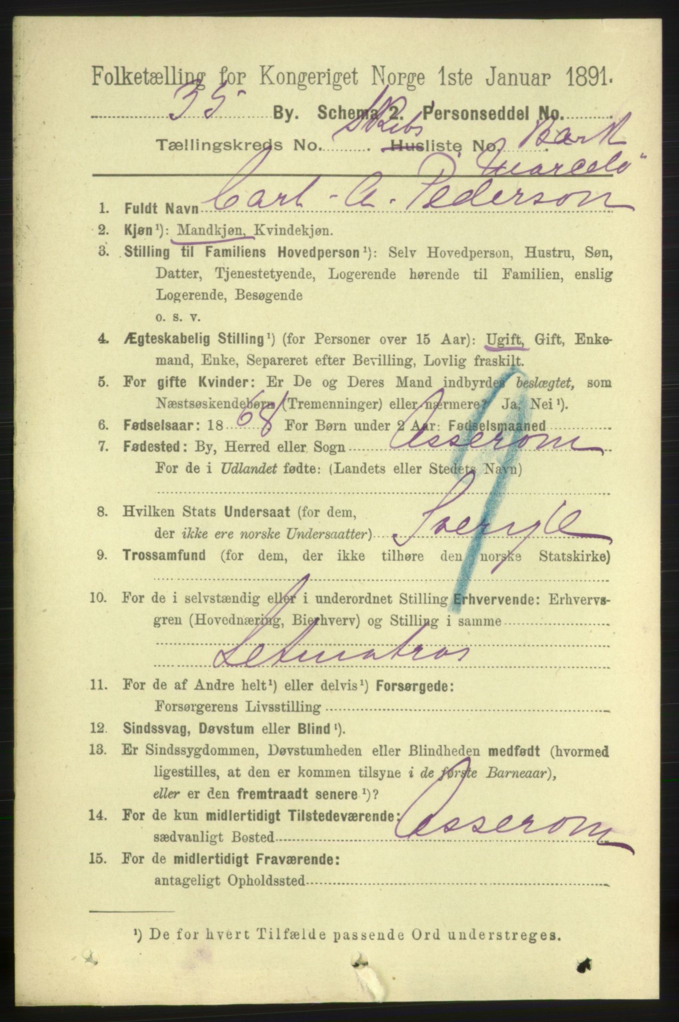 RA, 1891 census for 0905 Lillesand, 1891, p. 1626