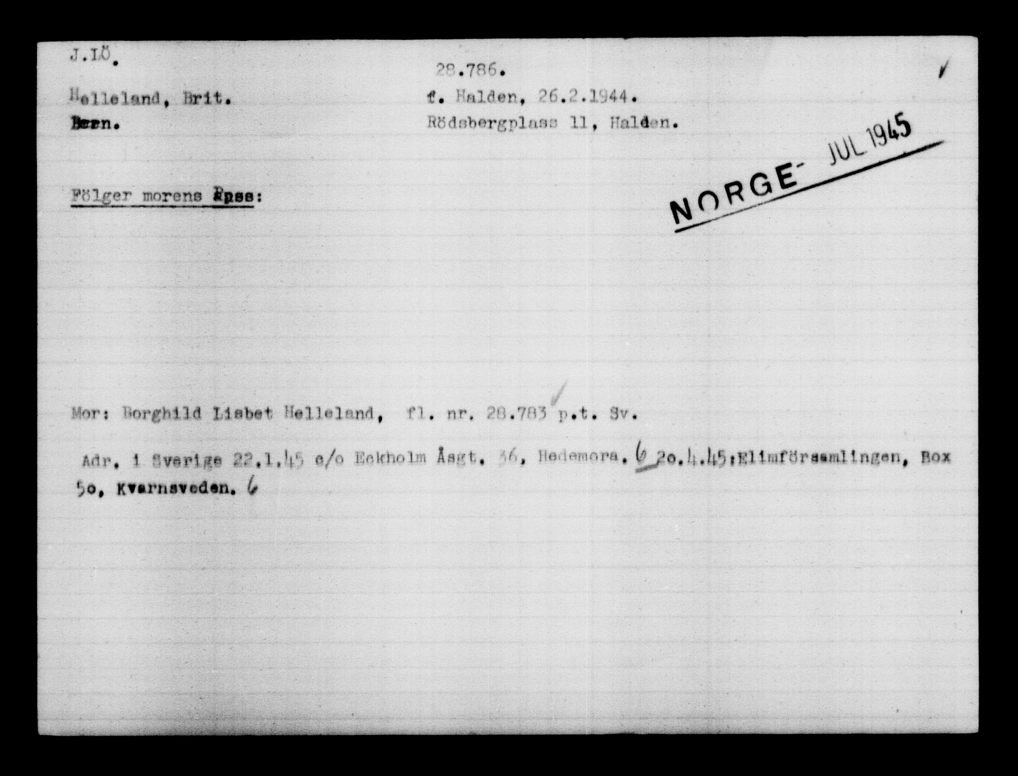 Utenriksstasjonene, Legasjonen i Stockholm, Flyktningkontoret, AV/RA-S-6753/V/Va/L0012: Kjesäterkartoteket, flyktninger med registreringsnr. 28300-31566, 1940-1945, p. 524