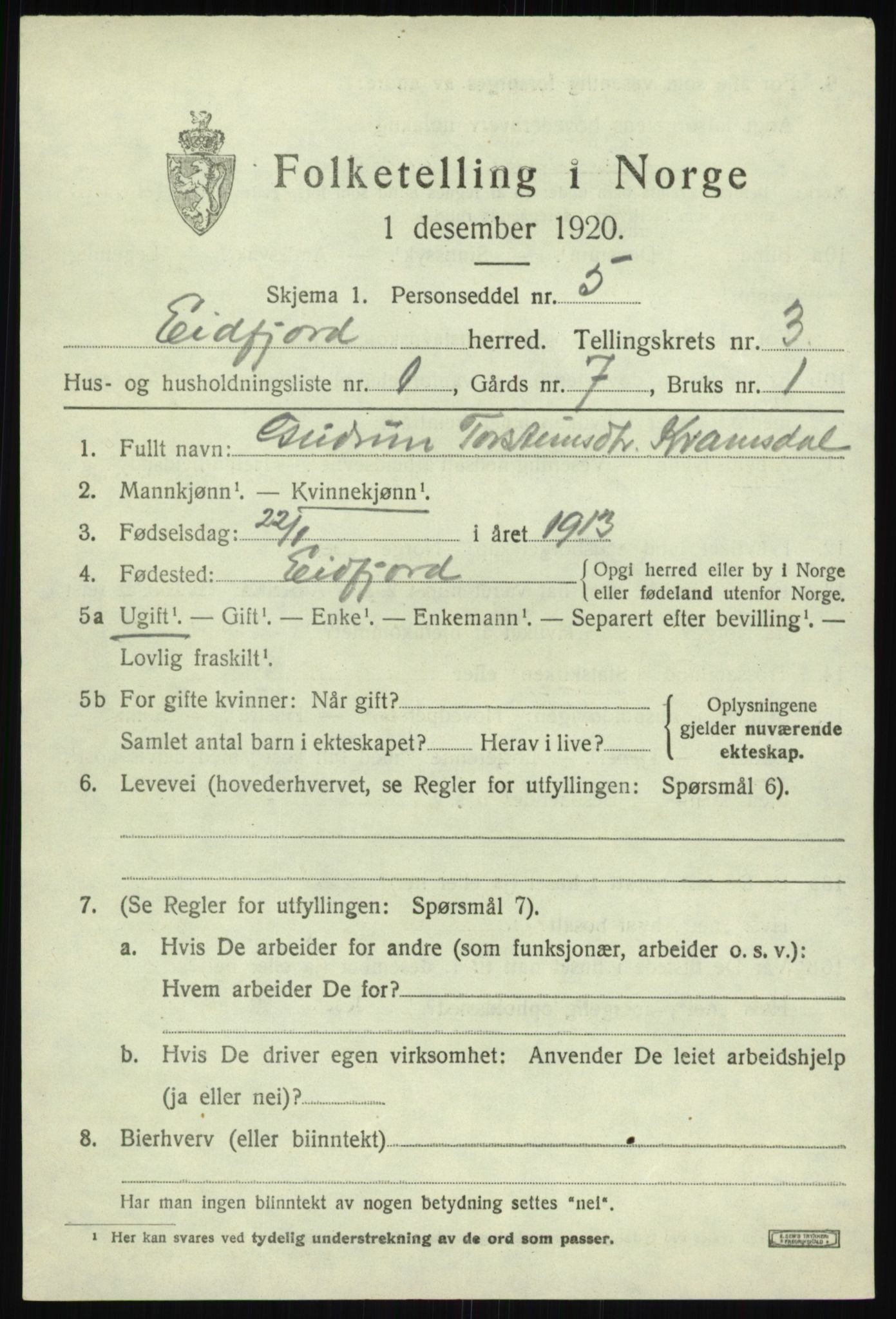 SAB, 1920 census for Eidfjord, 1920, p. 1000