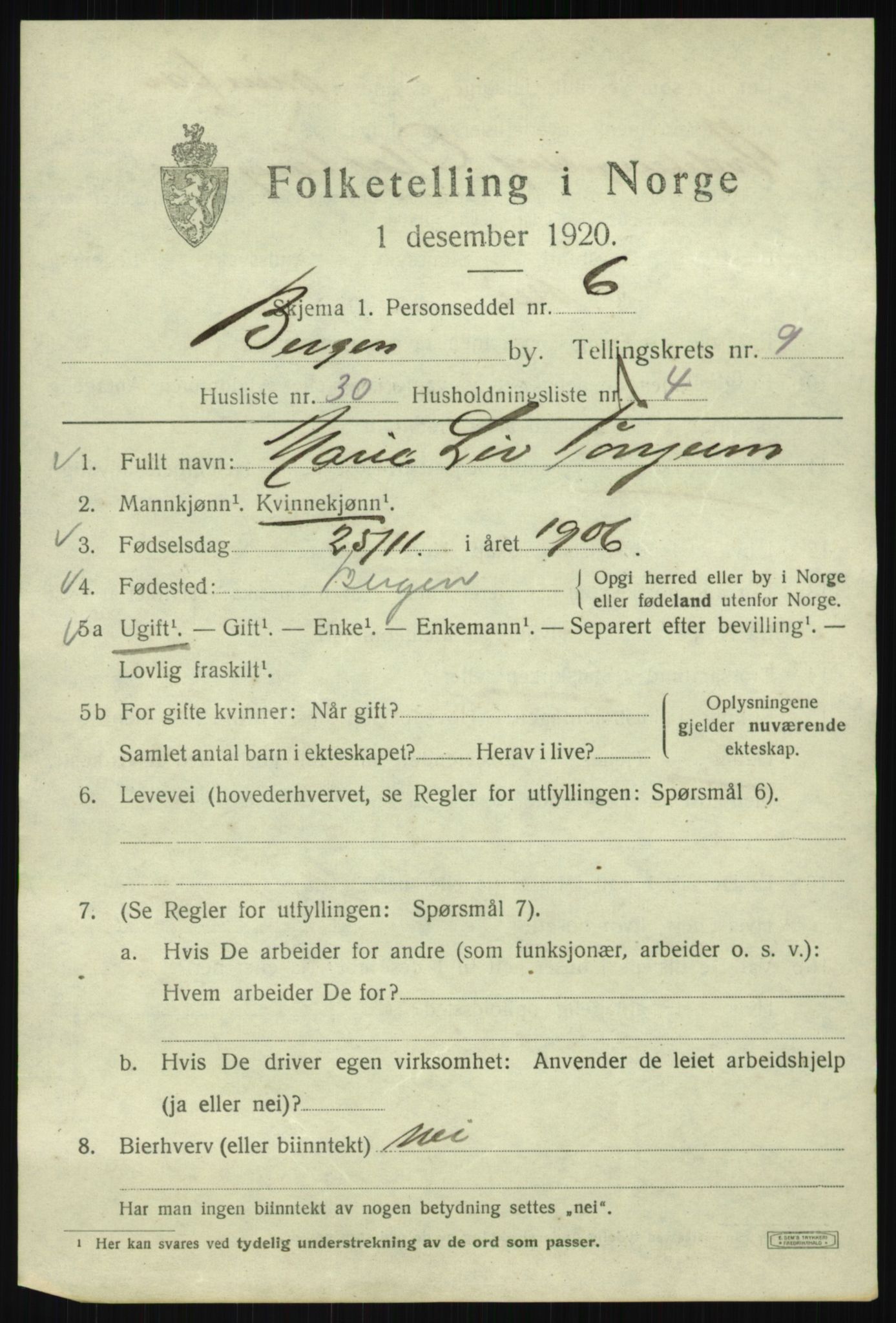 SAB, 1920 census for Bergen, 1920, p. 71315