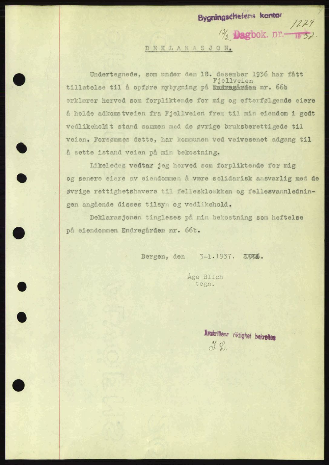 Byfogd og Byskriver i Bergen, SAB/A-3401/03/03Bc/L0004: Mortgage book no. A3-4, 1936-1937, Diary no: : 1279/1937