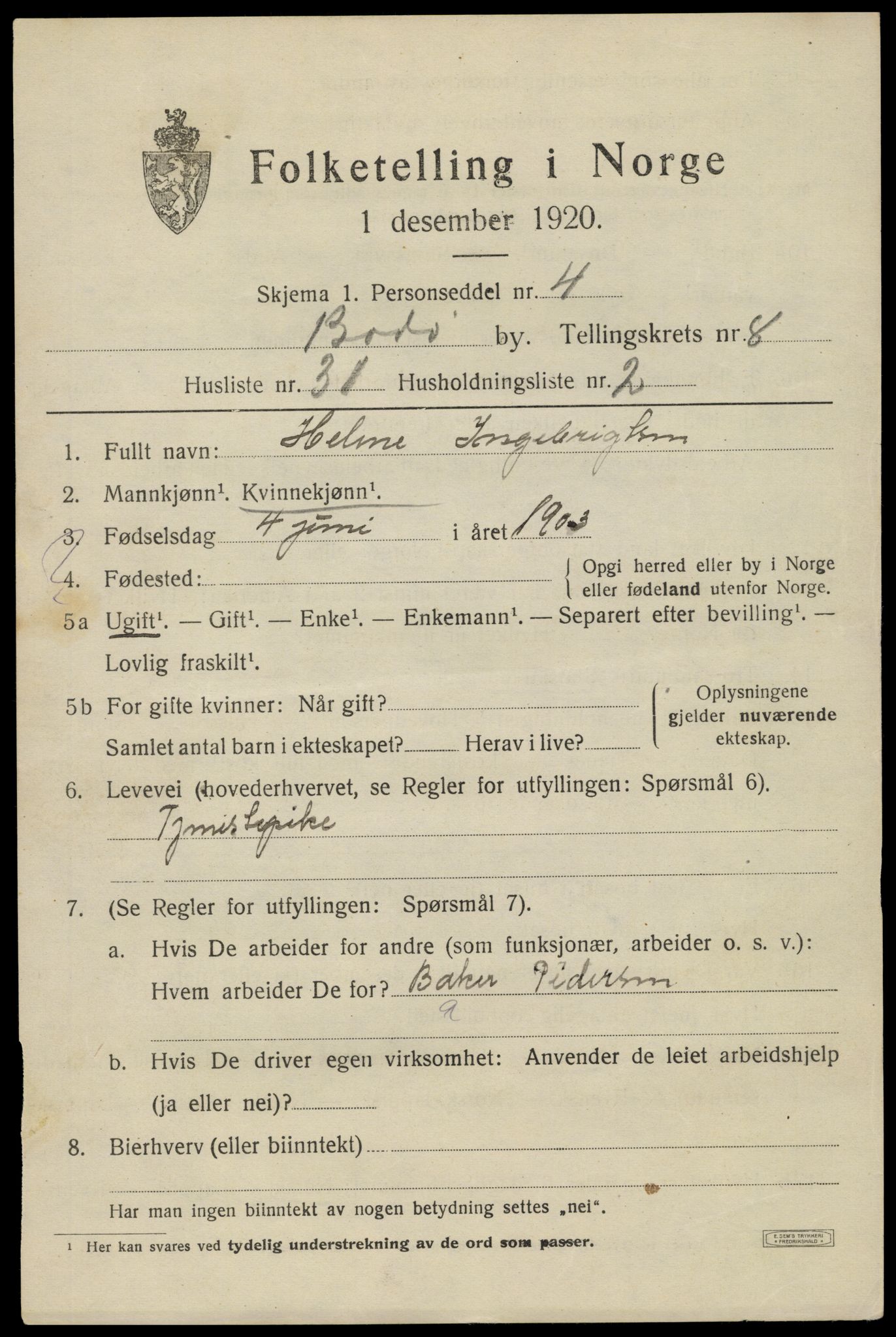 SAT, 1920 census for Bodø, 1920, p. 12829