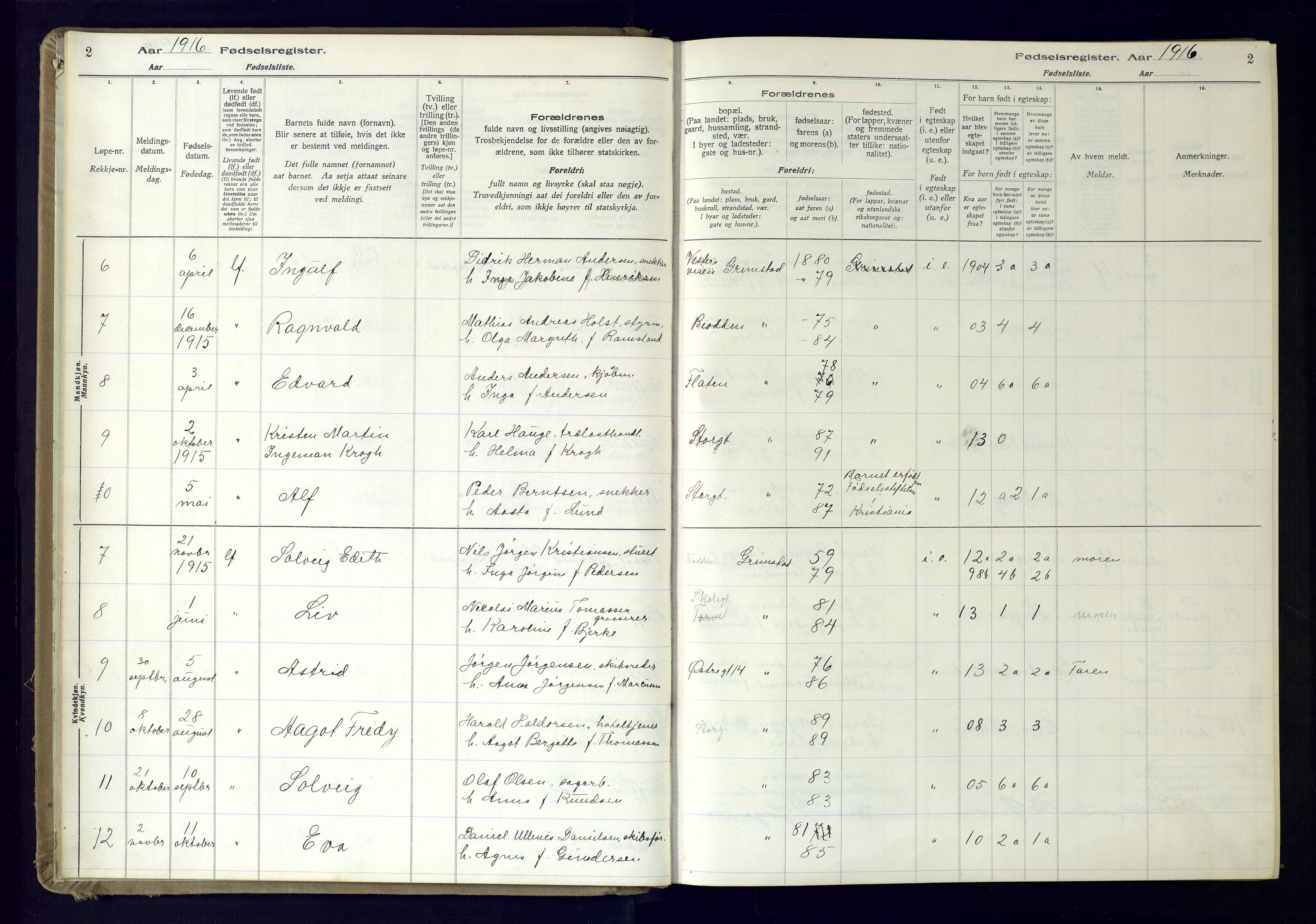 Grimstad sokneprestkontor, SAK/1111-0017/J/Ja/L0001: Birth register no. 1, 1916-1960, p. 2