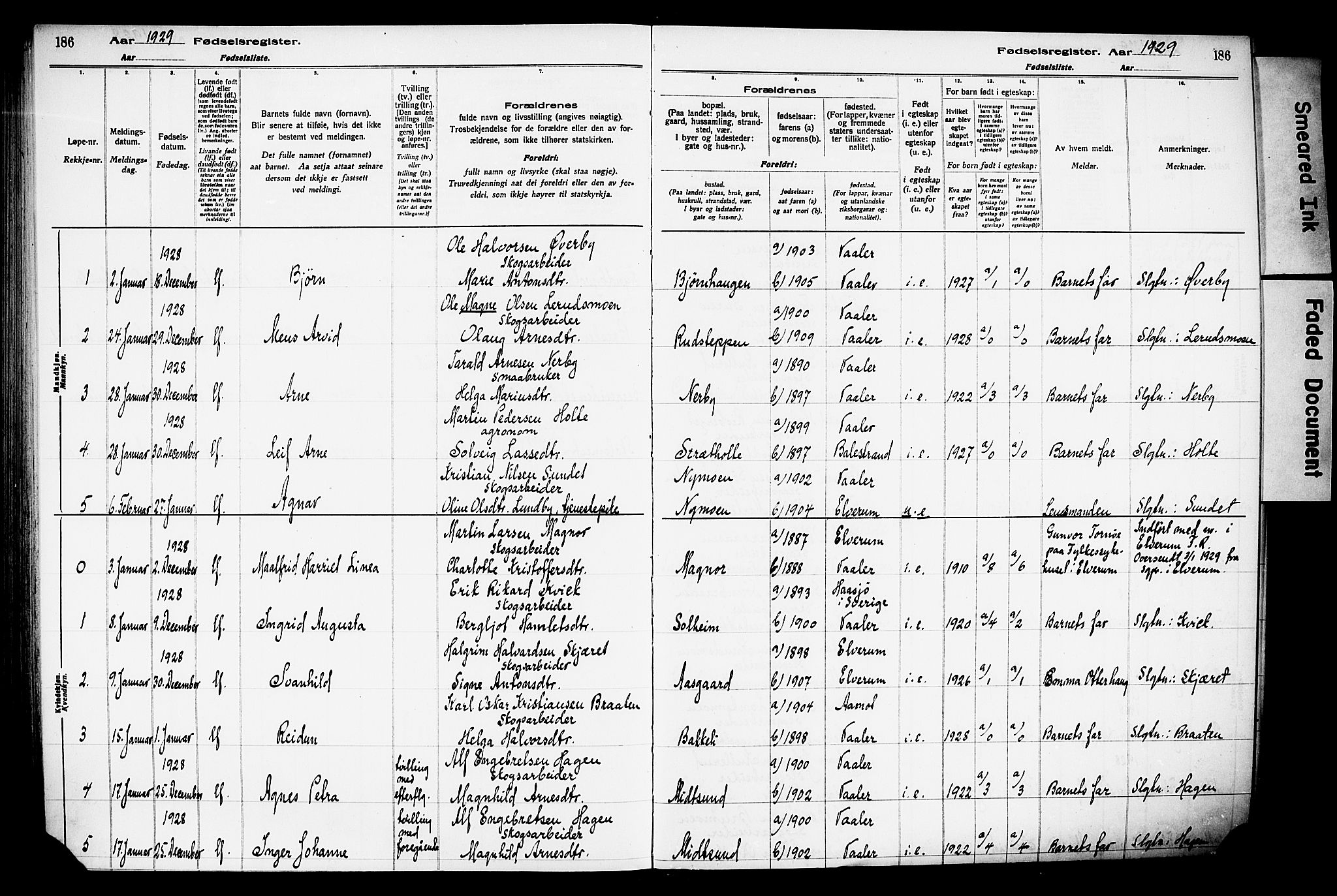 Våler prestekontor, Hedmark, AV/SAH-PREST-040/I/Id/L0001: Birth register no. 1, 1916-1930, p. 186