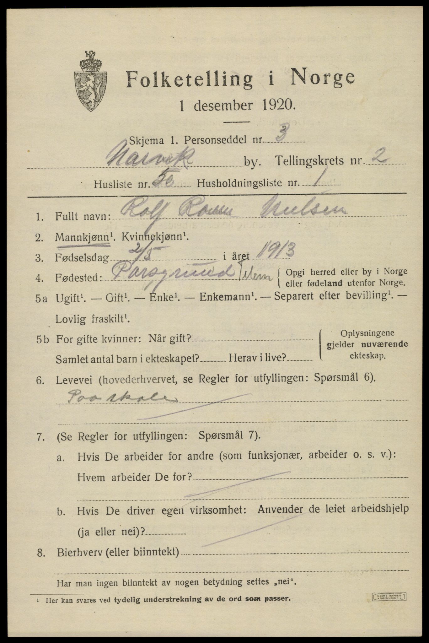 SAT, 1920 census for Narvik, 1920, p. 9170