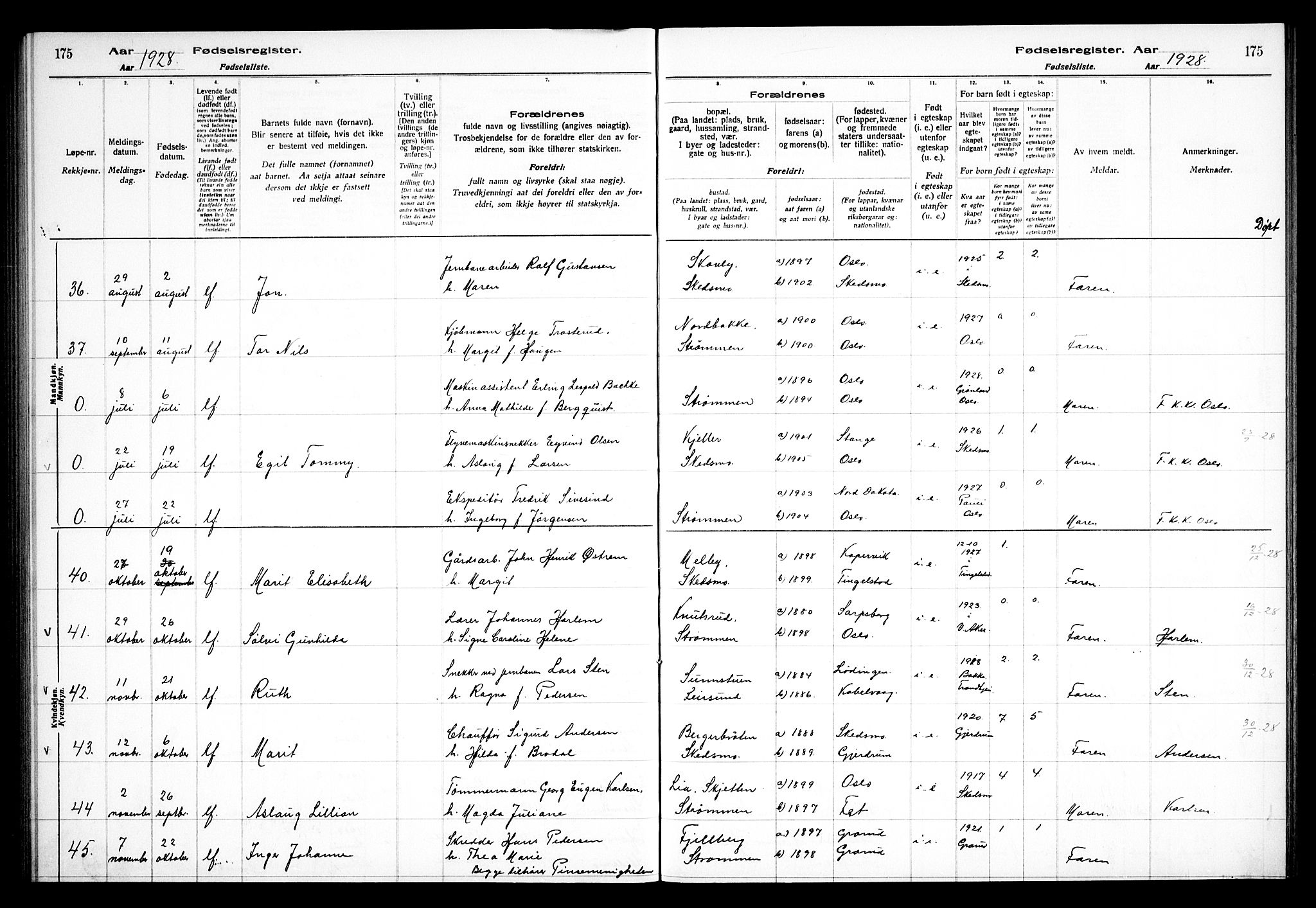 Skedsmo prestekontor Kirkebøker, AV/SAO-A-10033a/J/Ja/L0001: Birth register no. I 1, 1916-1931, p. 175