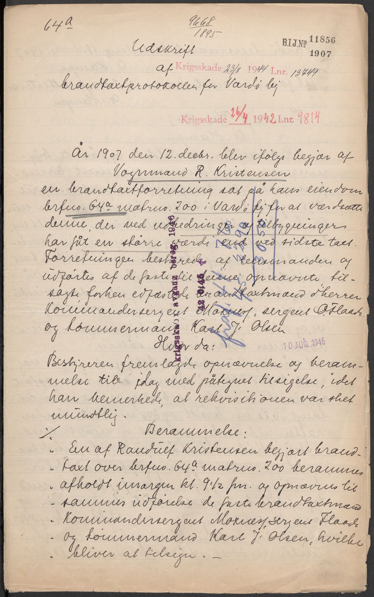Norges Brannkasse, AV/RA-S-1549/E/Eu/L0013: Branntakster for Vardø by, 1843-1955, p. 621