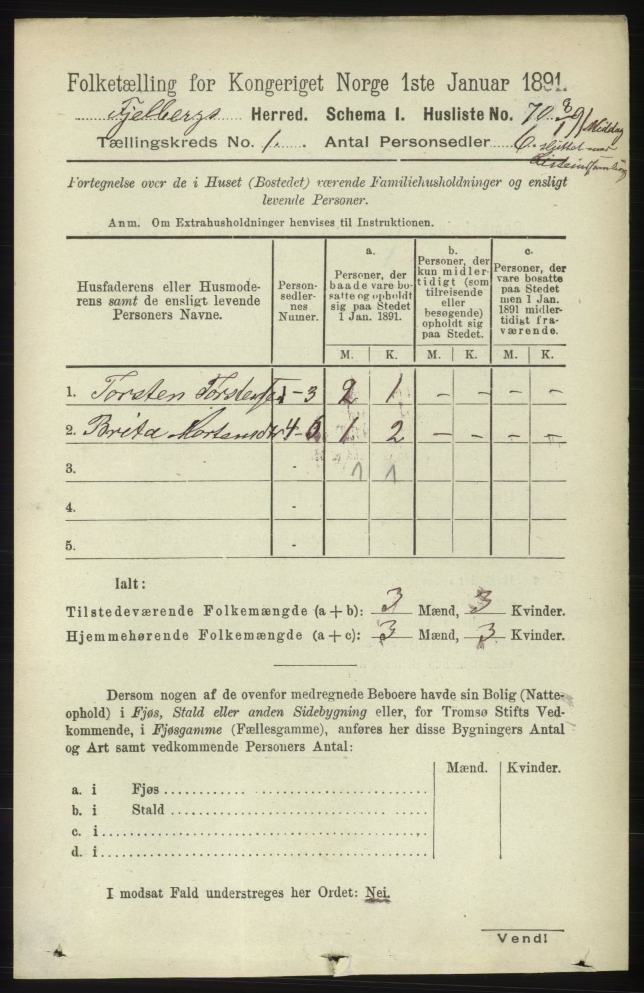 RA, 1891 census for 1213 Fjelberg, 1891, p. 99