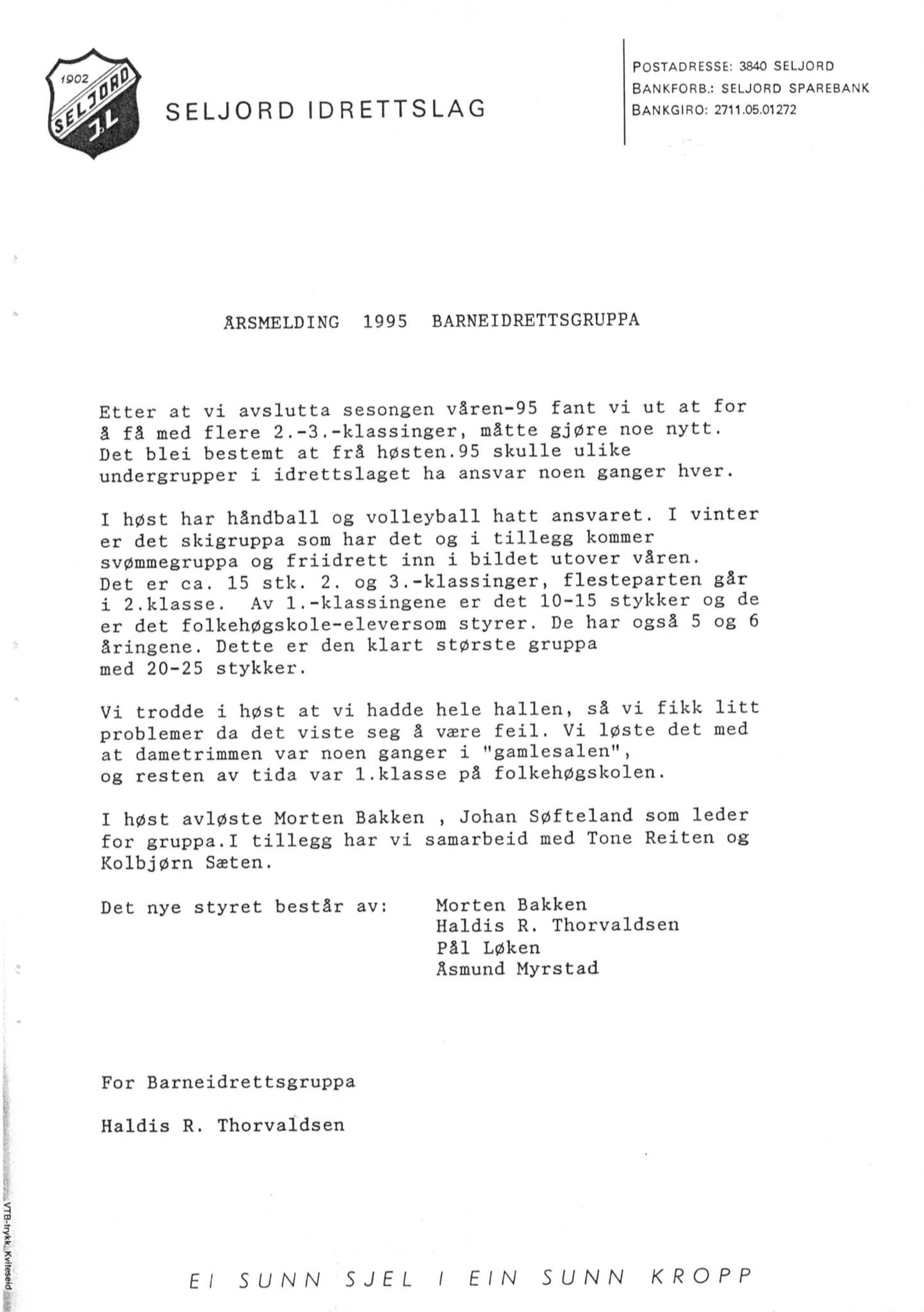 Seljord Idrettslag, VTM/A-1034/A/Ab/L0002: Årsmeldingar, 1995