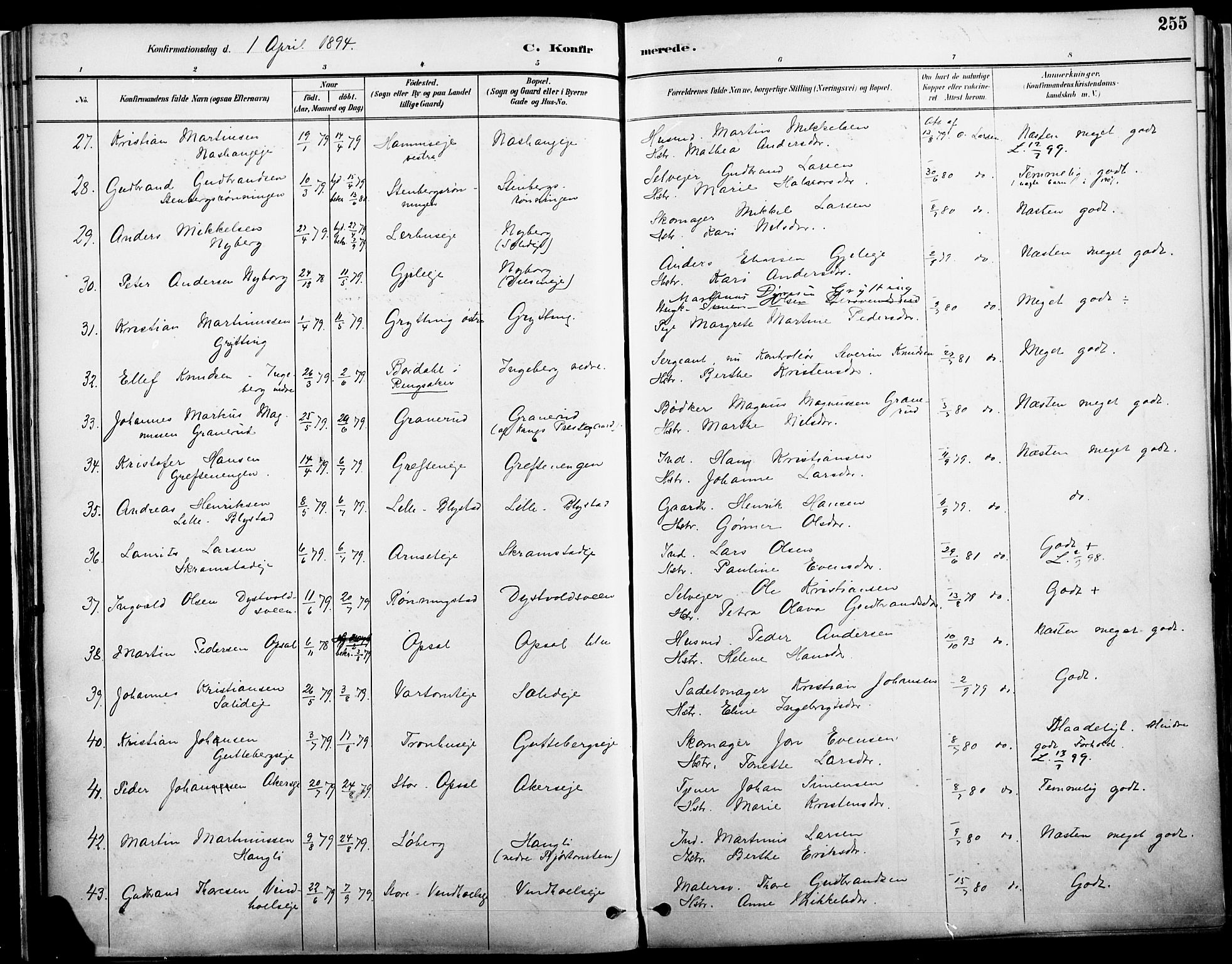 Vang prestekontor, Hedmark, AV/SAH-PREST-008/H/Ha/Haa/L0019A: Parish register (official) no. 19, 1886-1900, p. 255