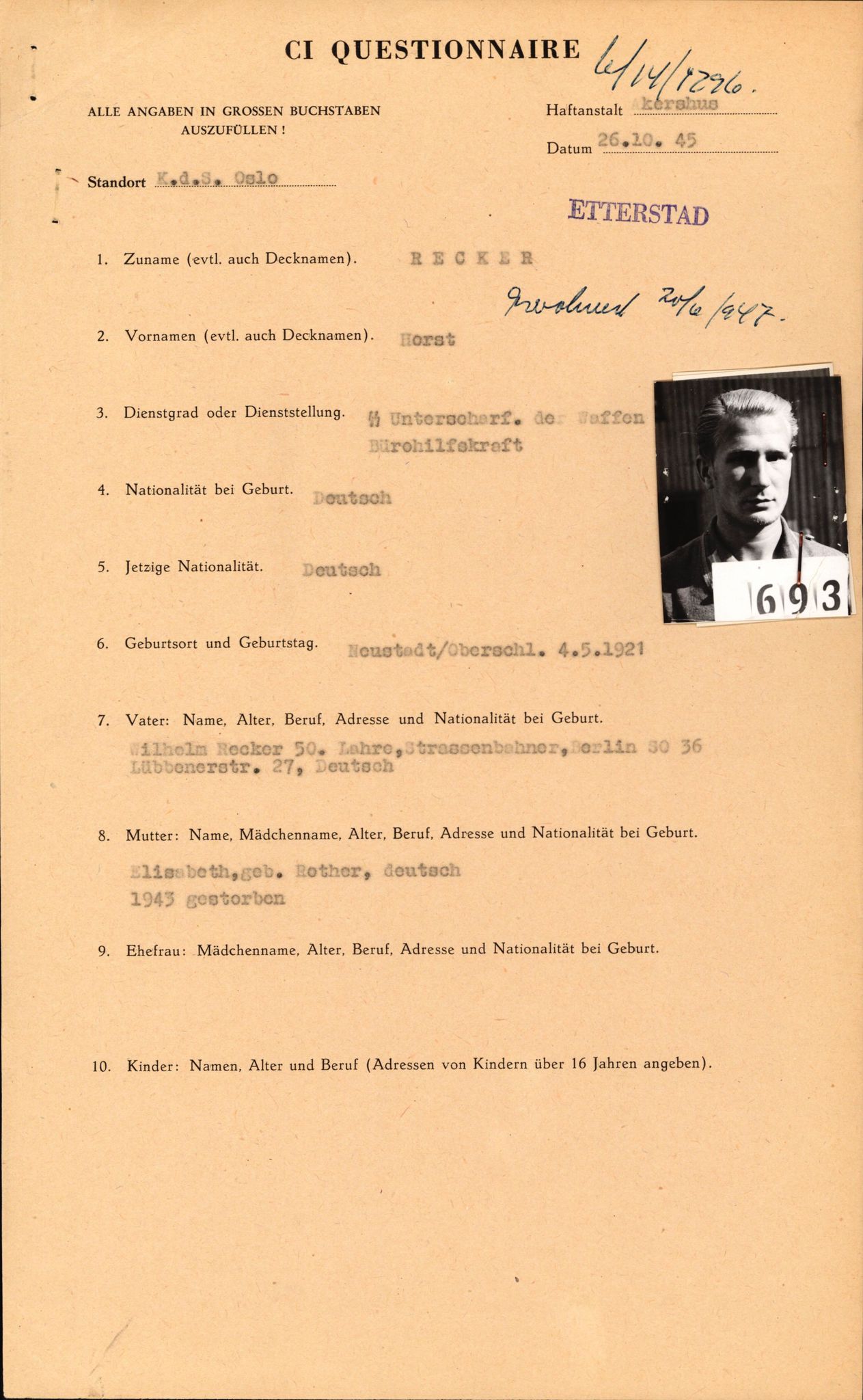 Forsvaret, Forsvarets overkommando II, AV/RA-RAFA-3915/D/Db/L0027: CI Questionaires. Tyske okkupasjonsstyrker i Norge. Tyskere., 1945-1946, p. 81