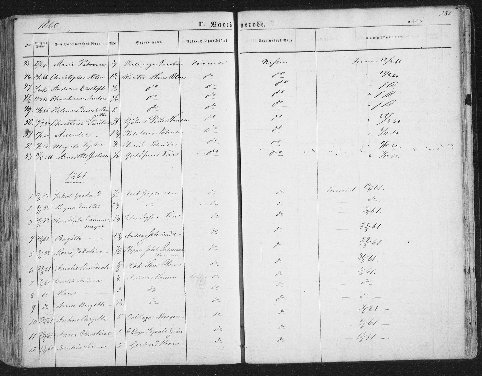 Tromsø sokneprestkontor/stiftsprosti/domprosti, SATØ/S-1343/G/Ga/L0011kirke: Parish register (official) no. 11, 1856-1865, p. 282