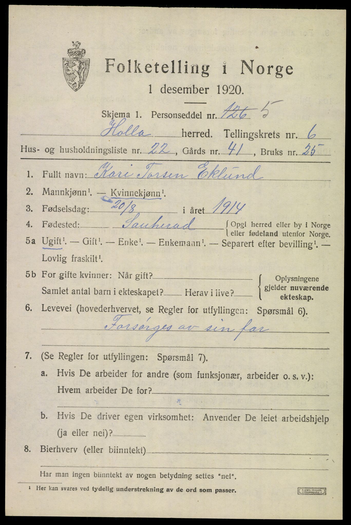 SAKO, 1920 census for Holla, 1920, p. 4675