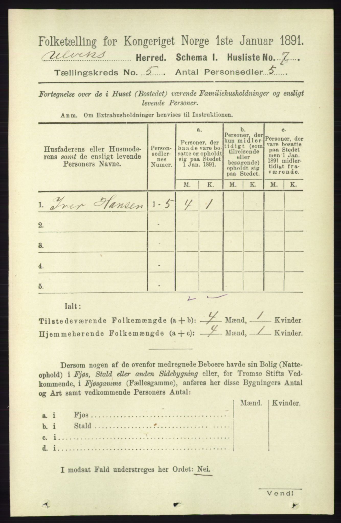 RA, 1891 census for 1233 Ulvik, 1891, p. 1329