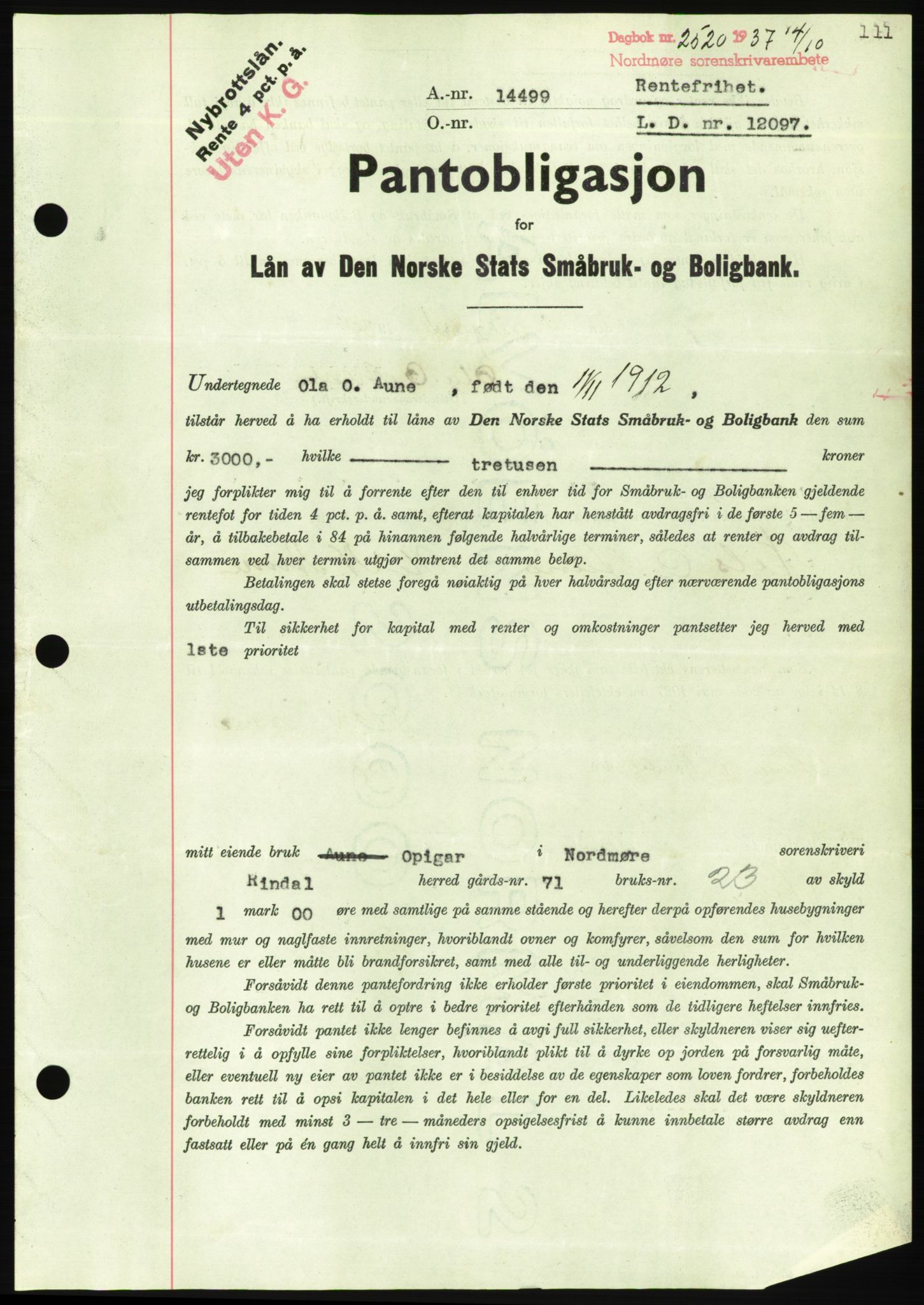 Nordmøre sorenskriveri, AV/SAT-A-4132/1/2/2Ca/L0092: Mortgage book no. B82, 1937-1938, Diary no: : 2520/1937