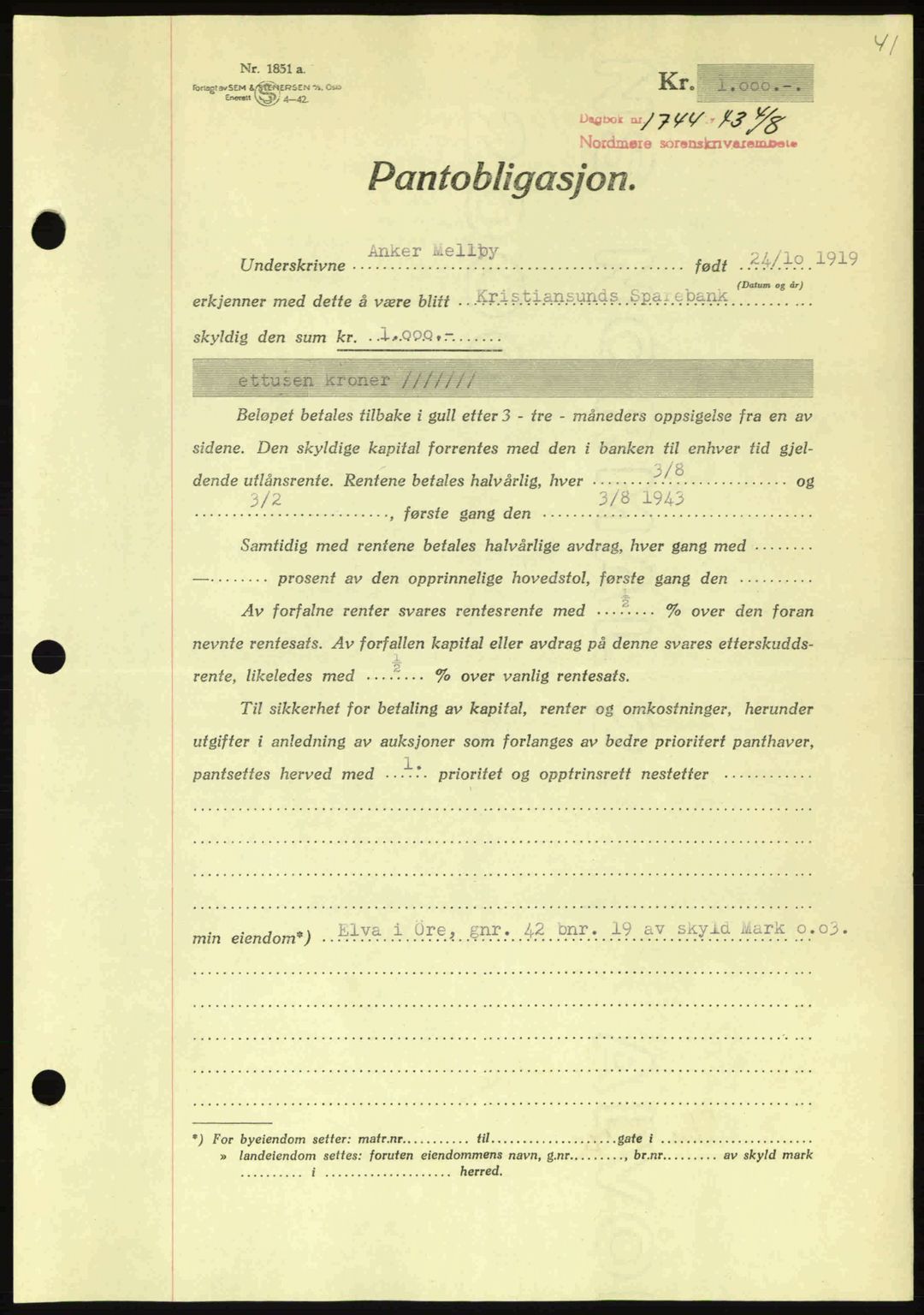 Nordmøre sorenskriveri, AV/SAT-A-4132/1/2/2Ca: Mortgage book no. B91, 1943-1944, Diary no: : 1744/1943