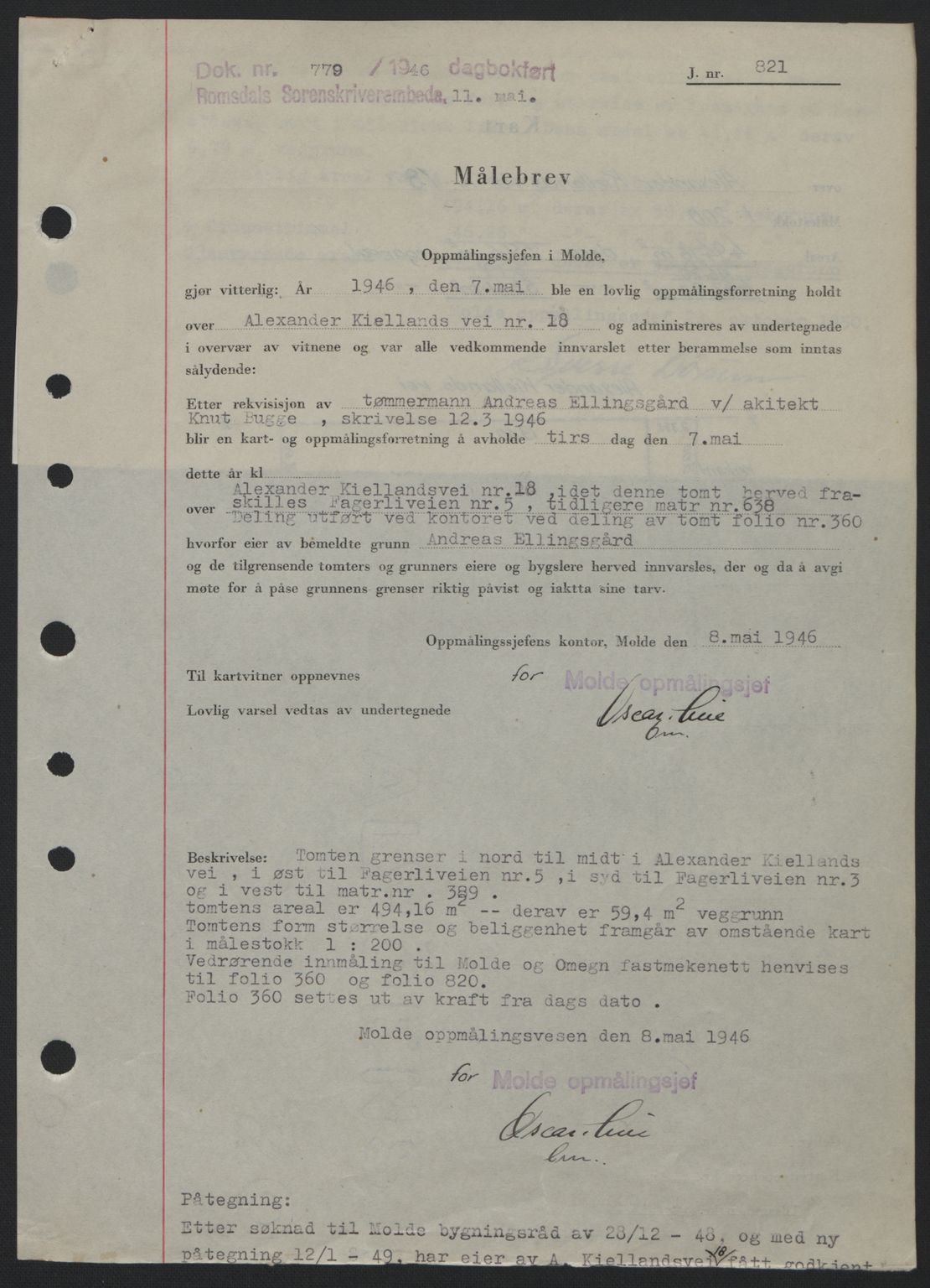 Romsdal sorenskriveri, SAT/A-4149/1/2/2C: Mortgage book no. A19, 1946-1946, Diary no: : 779/1946