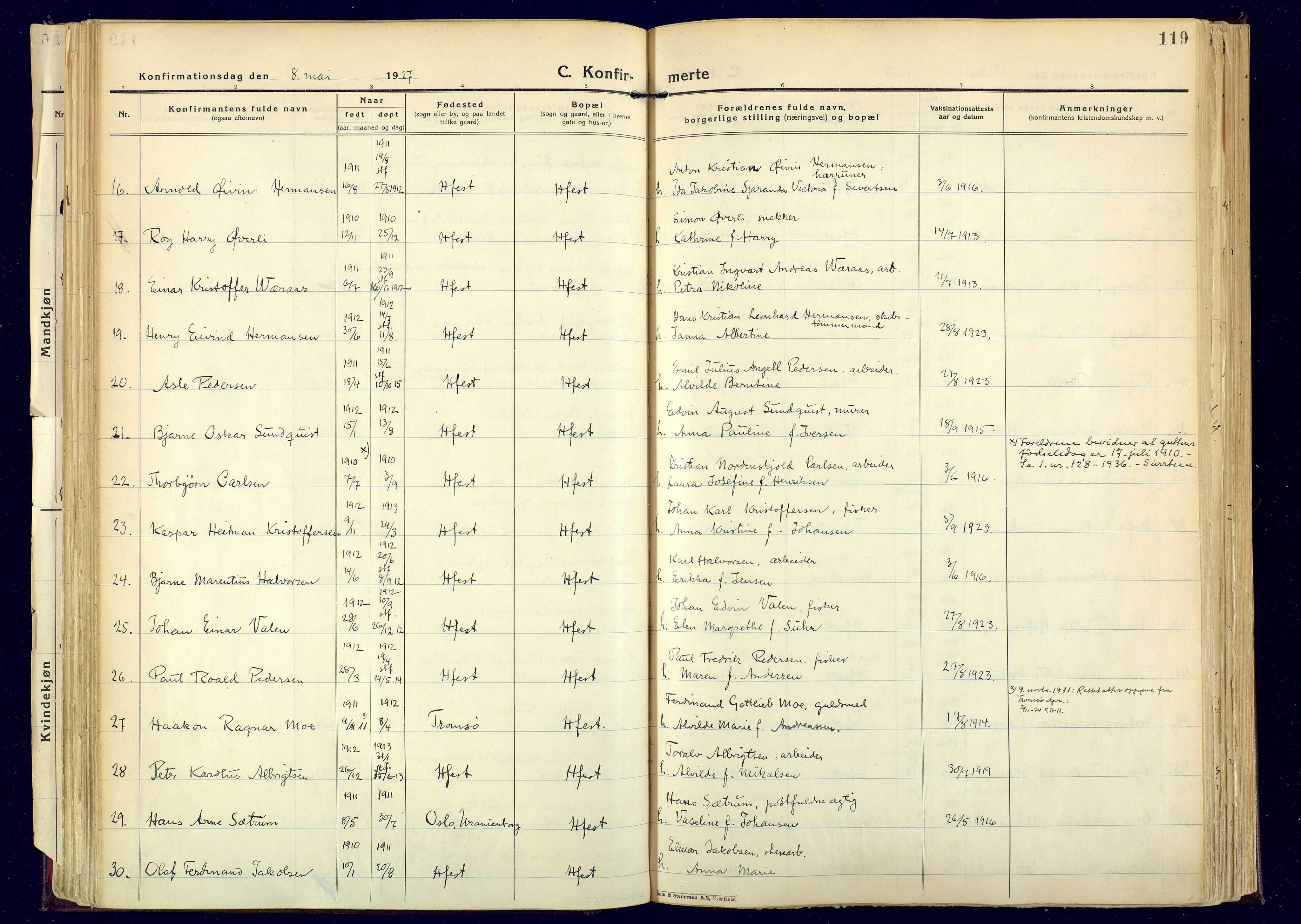 Hammerfest sokneprestkontor, AV/SATØ-S-1347/H/Ha/L0017.kirke: Parish register (official) no. 17, 1923-1933, p. 119