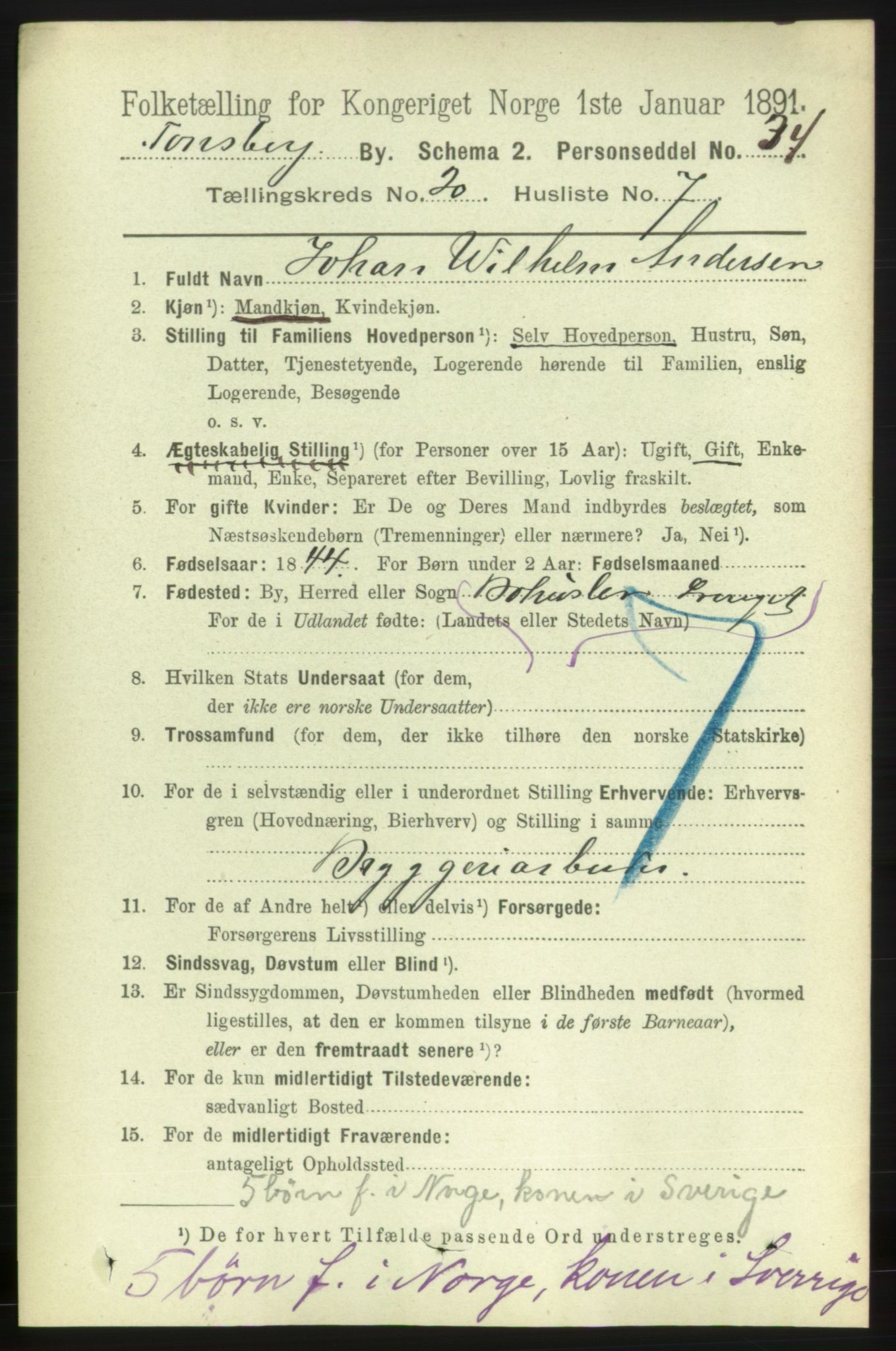 RA, 1891 census for 0705 Tønsberg, 1891, p. 5508