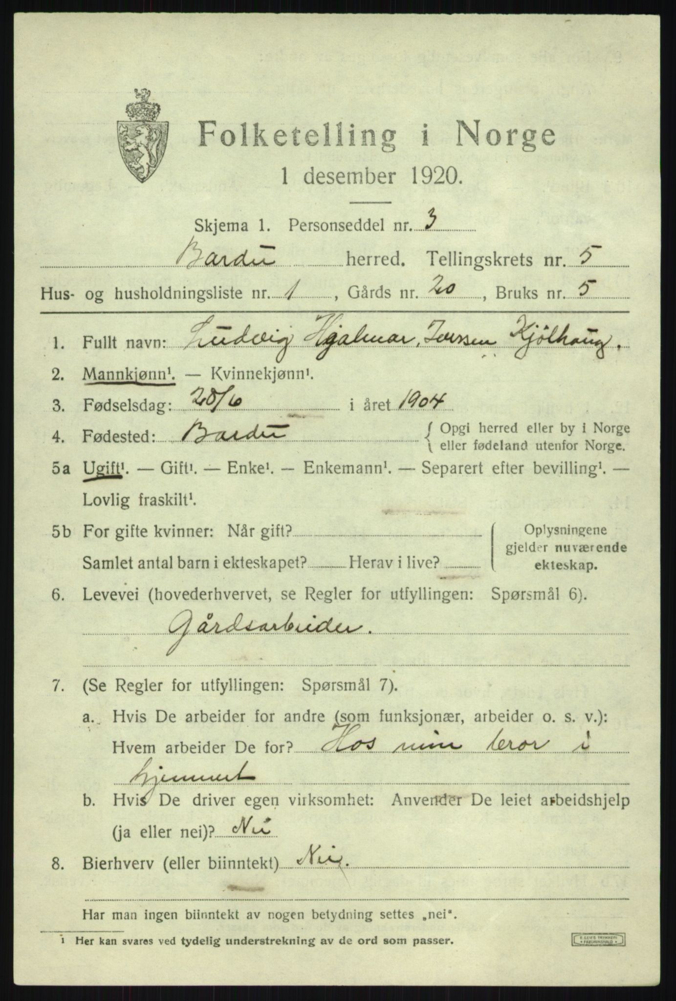 SATØ, 1920 census for Bardu, 1920, p. 2135