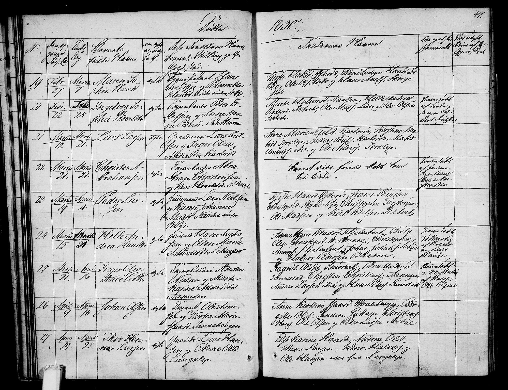 Våle kirkebøker, AV/SAKO-A-334/F/Fa/L0008: Parish register (official) no. I 8, 1824-1844, p. 47
