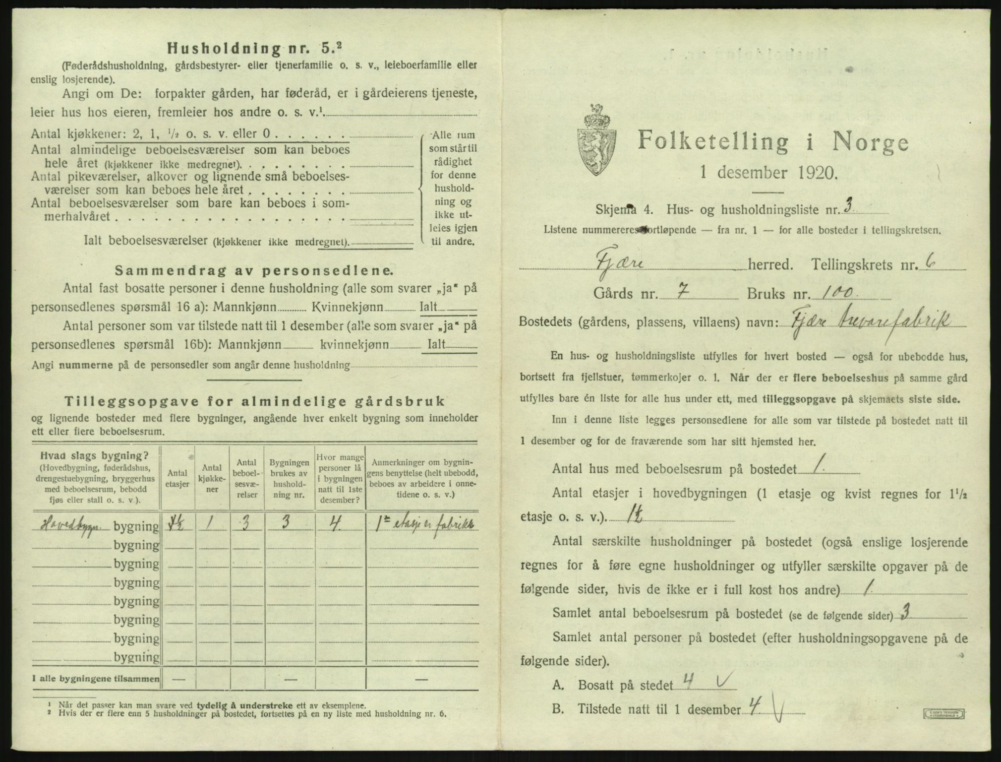 SAK, 1920 census for Fjære, 1920, p. 1193