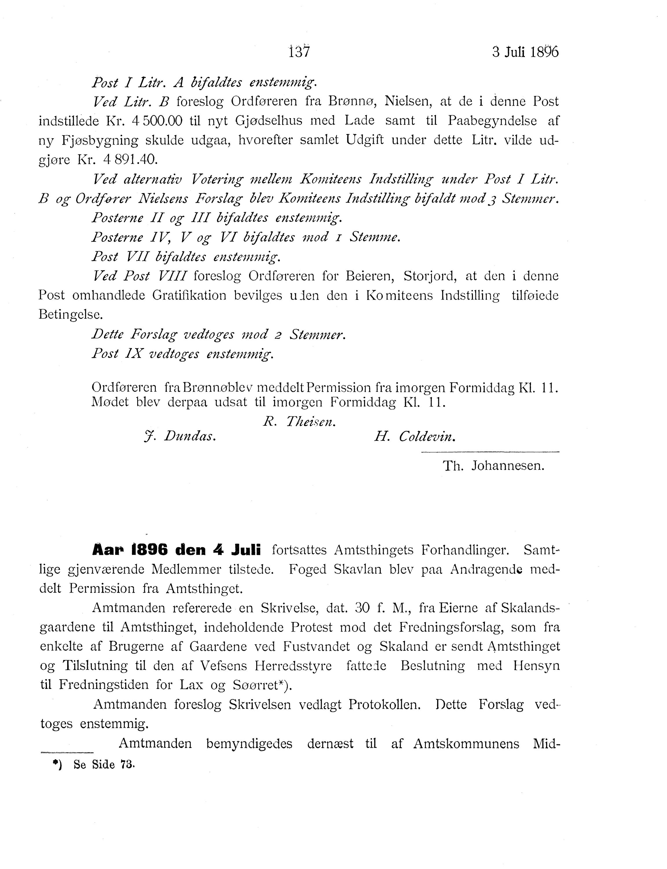 Nordland Fylkeskommune. Fylkestinget, AIN/NFK-17/176/A/Ac/L0019: Fylkestingsforhandlinger 1896, 1896, p. 137