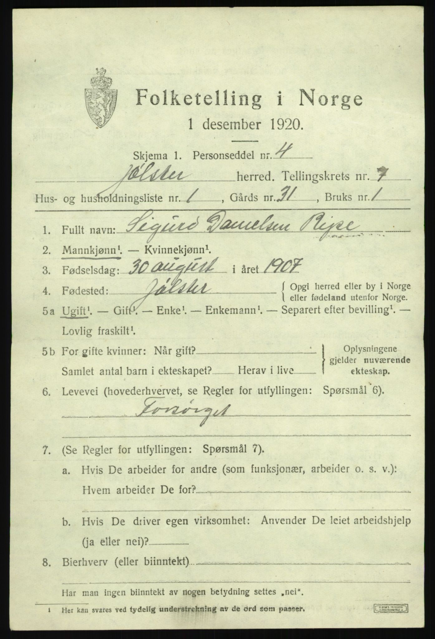 SAB, 1920 census for Jølster, 1920, p. 3586