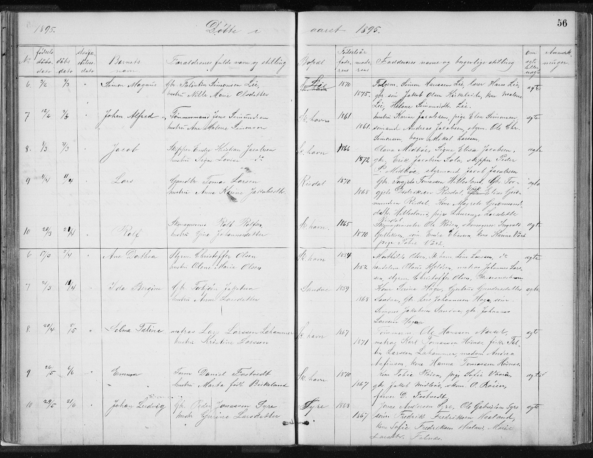 Skudenes sokneprestkontor, SAST/A -101849/H/Ha/Hab/L0007: Parish register (copy) no. B 7, 1885-1899, p. 56