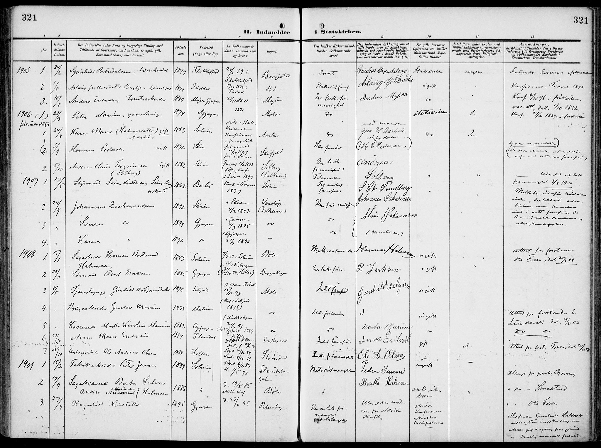Gjerpen kirkebøker, SAKO/A-265/F/Fa/L0012: Parish register (official) no. I 12, 1905-1913, p. 321
