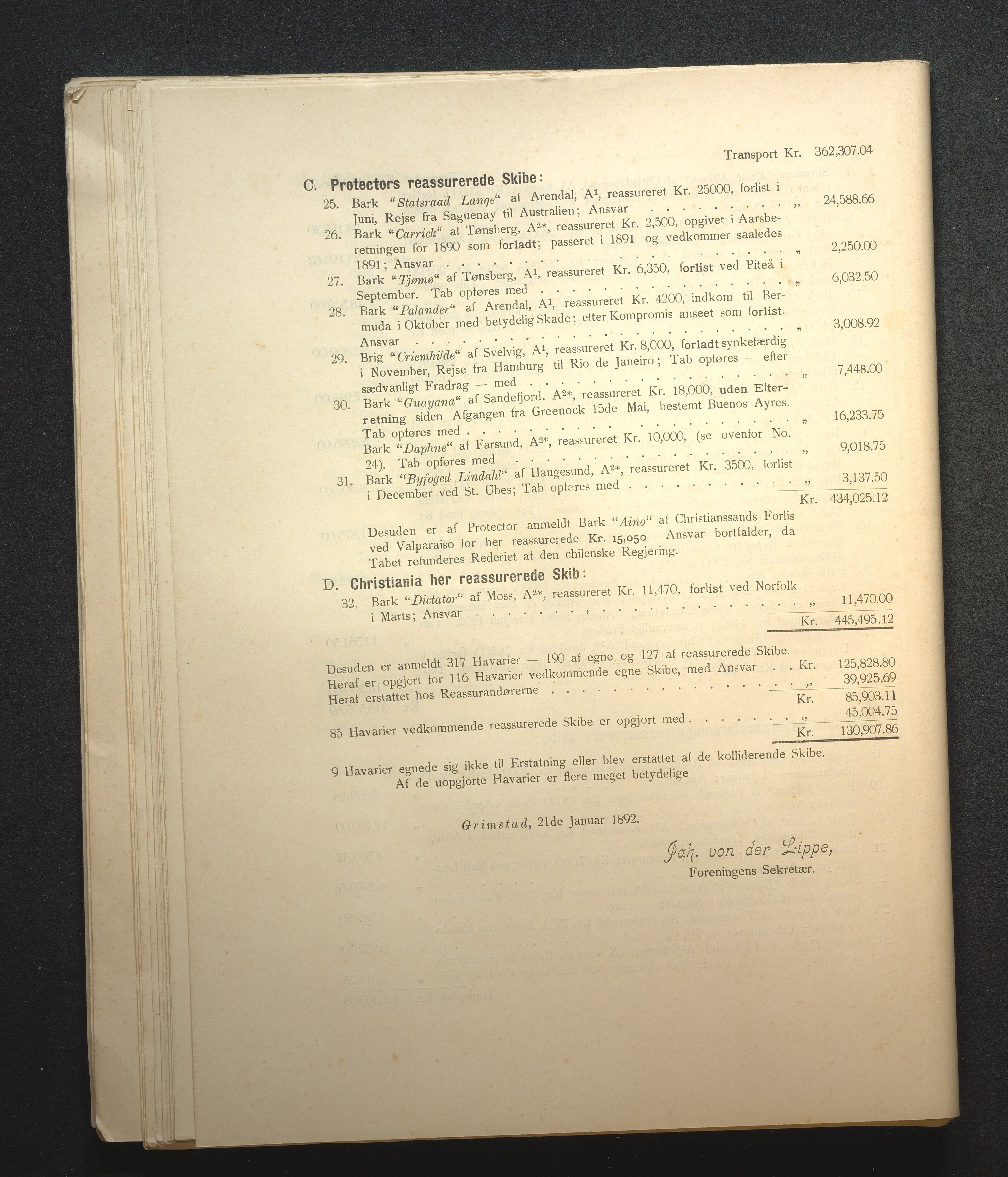 Agders Gjensidige Assuranceforening, AAKS/PA-1718/05/L0003: Regnskap, seilavdeling, pakkesak, 1890-1912