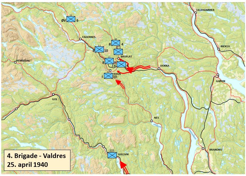 Forsvaret, Forsvarets krigshistoriske avdeling, RA/RAFA-2017/Y/Yb/L0000: Oversikt over 4. brigades organisering i april 1940. Situasjonskart for perioden 20.-30. april 1940. Ved Oblt. / Cand. Phil. Knut Werner-Hagen, april 2020., 1940, p. 4