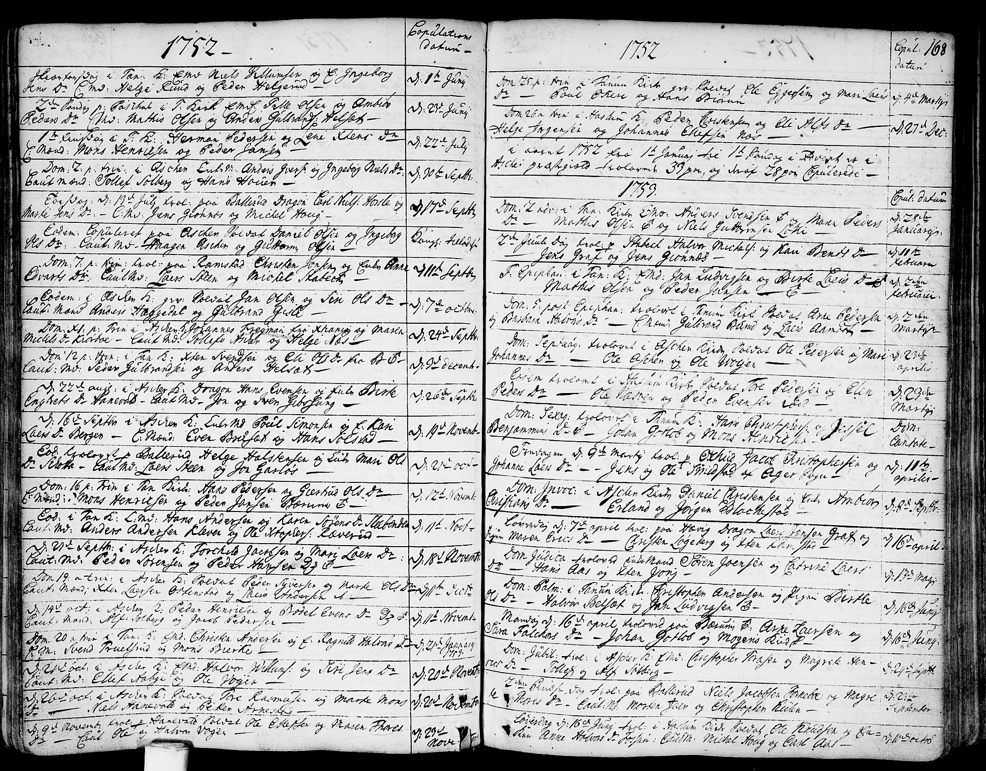 Asker prestekontor Kirkebøker, AV/SAO-A-10256a/F/Fa/L0002: Parish register (official) no. I 2, 1733-1766, p. 168